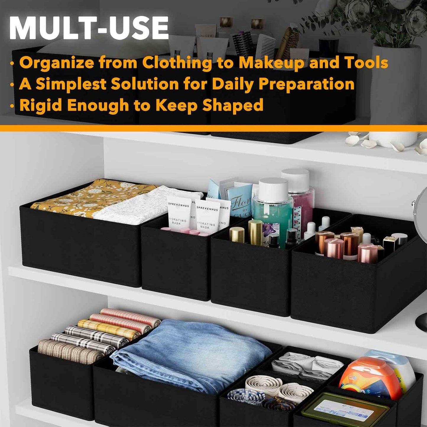 SpaceAid Drawer Organizer for Clothes, 6 Pack Dresser Drawer Organizer Bins, Closet Organizers and Storage Dividers for Clothing, Underwears, Socks (Black)