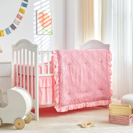 Mini Crib Bedding Set 3 Pieces Baby Boho Quilted Tufted Ruffles Comforter with Fitted Sheet and Ruffled Bed Skirt - Cute Shabby Baby Bedding Fits Mini Crib Only Pink