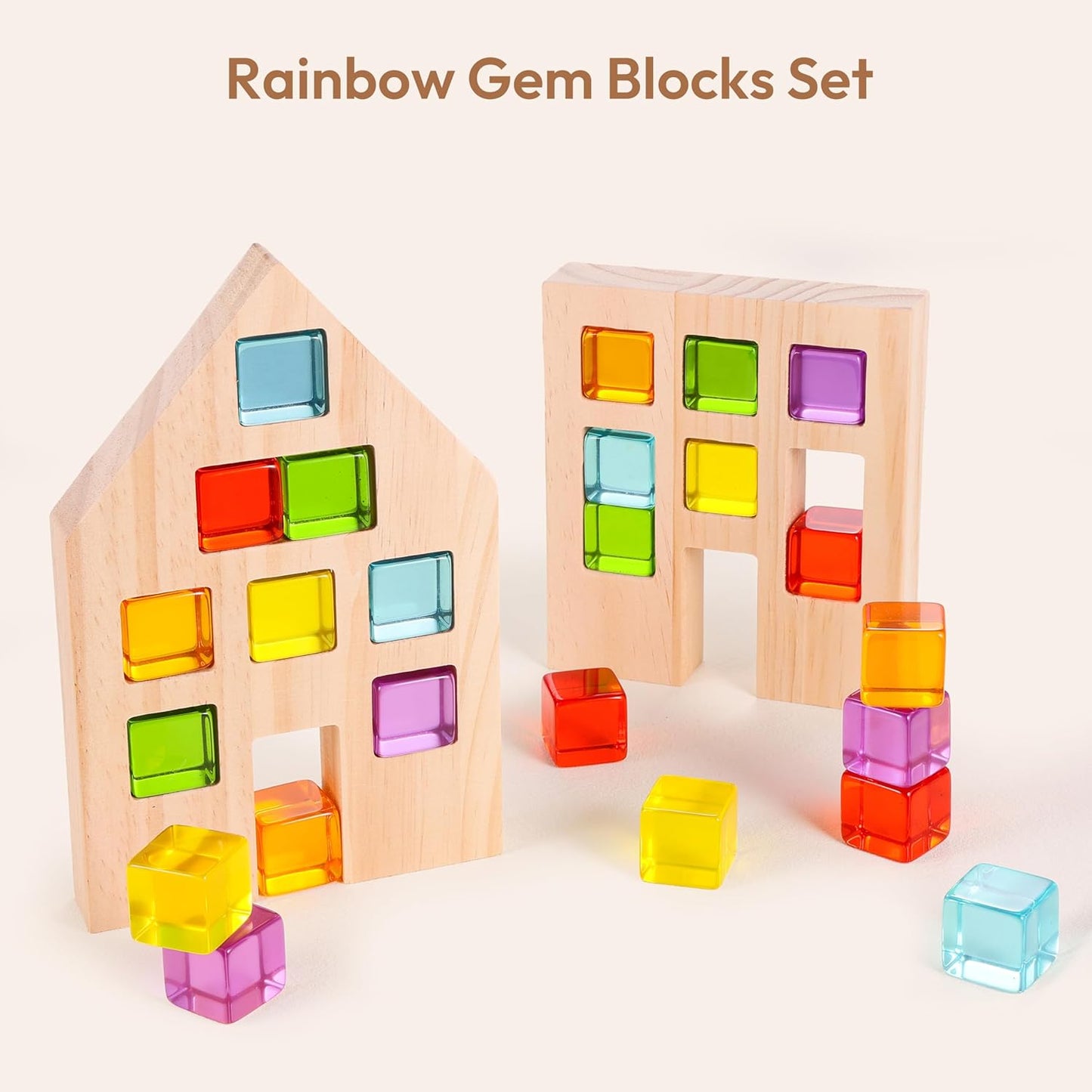 Wooden Building Blocks Set for Kids, 24 PCS Rainbow Gem Cubes Stacking Blocks - 2 Wood House, Montessori Stacking Toy for Toddlers, Educational STEM Learning Toy for Boys Girls 3-6