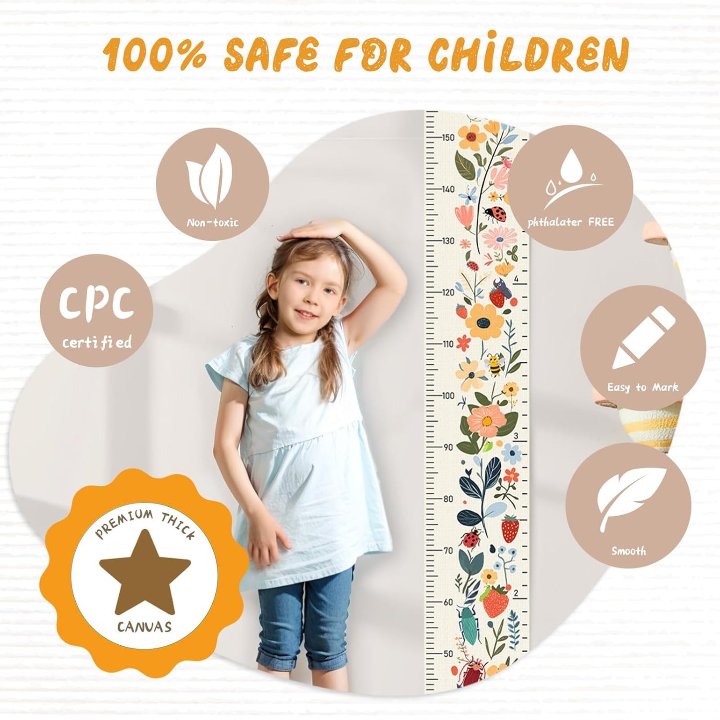 Personalized Name Growth Chart for Kids, Flower Canvas Height Chart Ruler Removable Hanging Wall Ruler Measurement Chart for Home Decoration, Waterproof Measuring Board, Foldable
