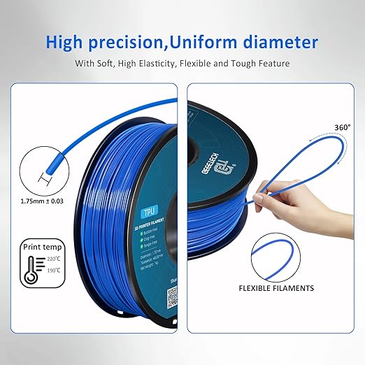 Geeetech TPU Filament 1.75mm – 95A Flexible 3D Printer Filament with High Elasticity, 1KG (2.2lbs) Spool, Dimensional Accuracy ±0.03mm, Fits Most FDM Printers, Blue