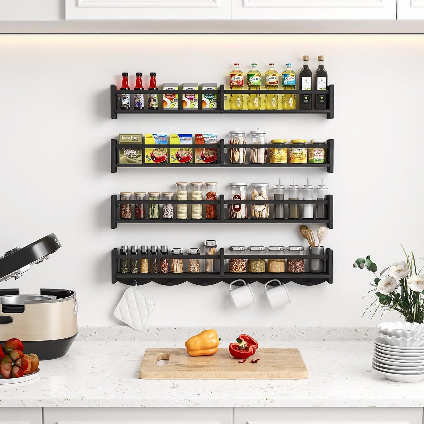 34Inch Nursery Bookshelves,Set of 4,Wall Floating Shelf Kids Coat Rack with 6Hooks,Hanging Book Shelf for Baby Nursery Room Décor ，Patent Number: 29958098(Black, 34)