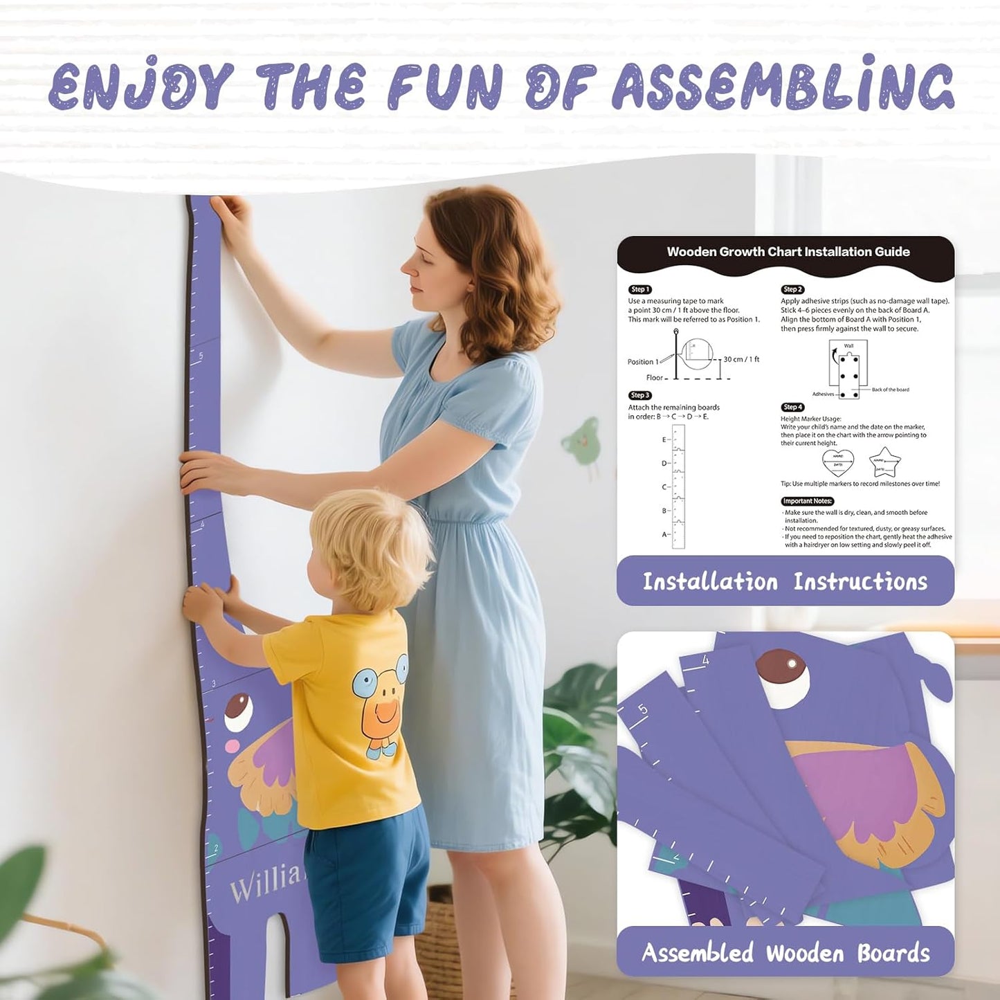 Personalized Name Growth Chart for Kids, Elephant Patchwork Wooden Height Chart for Wall Decor, Baby Boy Girl Measurement Ruler for Room 63" x 15.7"