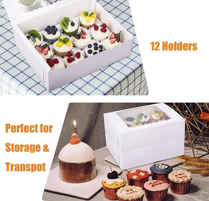 26-Set Cupcake Boxes Hold 12 Standard Cupcakes, Food Grade Cupcake Holders Bakery Carrier Boxes with Windows and Inserts for Cupcakes, Muffins and Pastries (White-26 Pack)