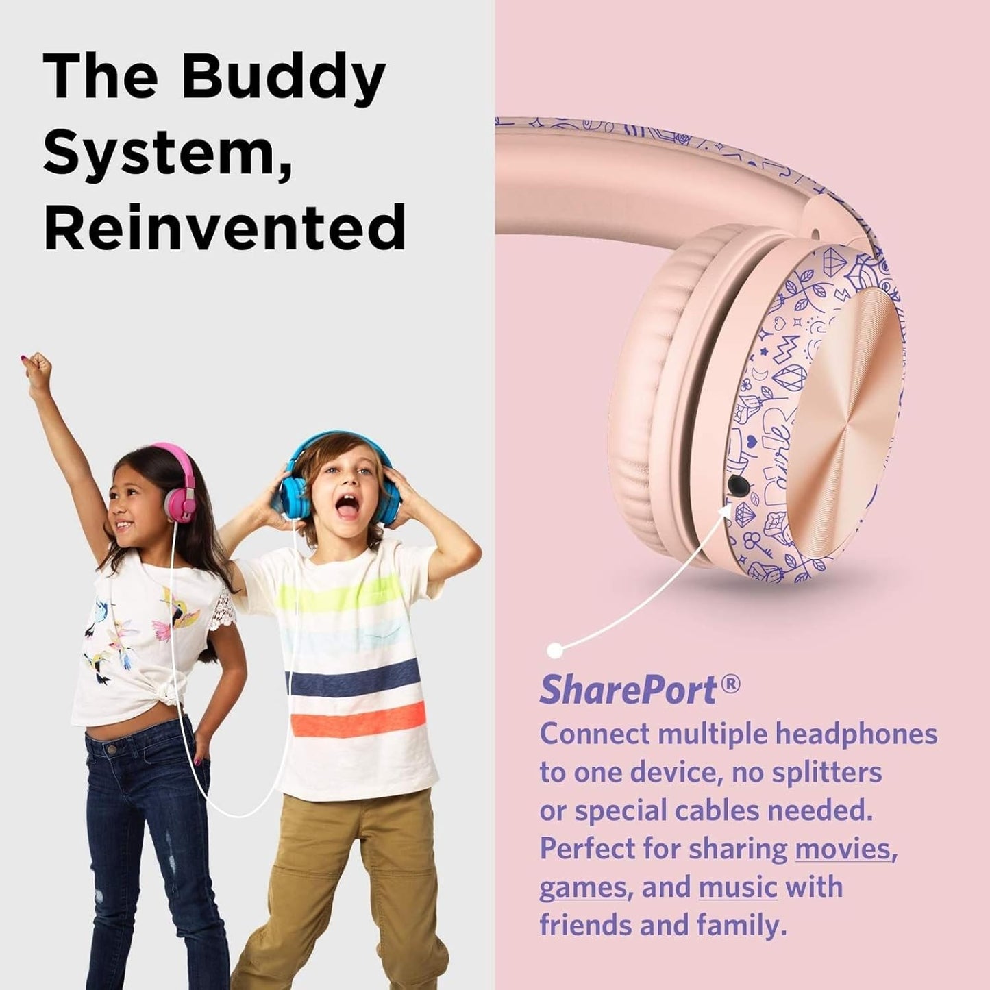 LilGadgets Connect+ Pro Wired Kids Headphones for School w/Microphone, Volume & Noise Reduction Over-Ear Headset w/Cord, SharePort Technology & SoftTouch Padding, Girl Power - Headphones for Kids