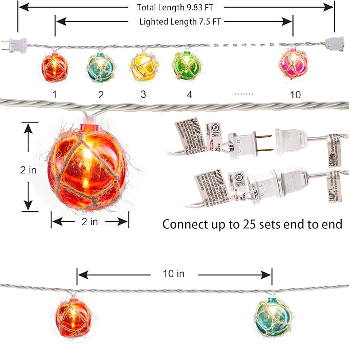 Nautical Fishing Float String Lights, Beach Themed Buoy Lights Set of 10 Multicolor String Lights for Indoor Home Decor and Outdoor Patio Decorations