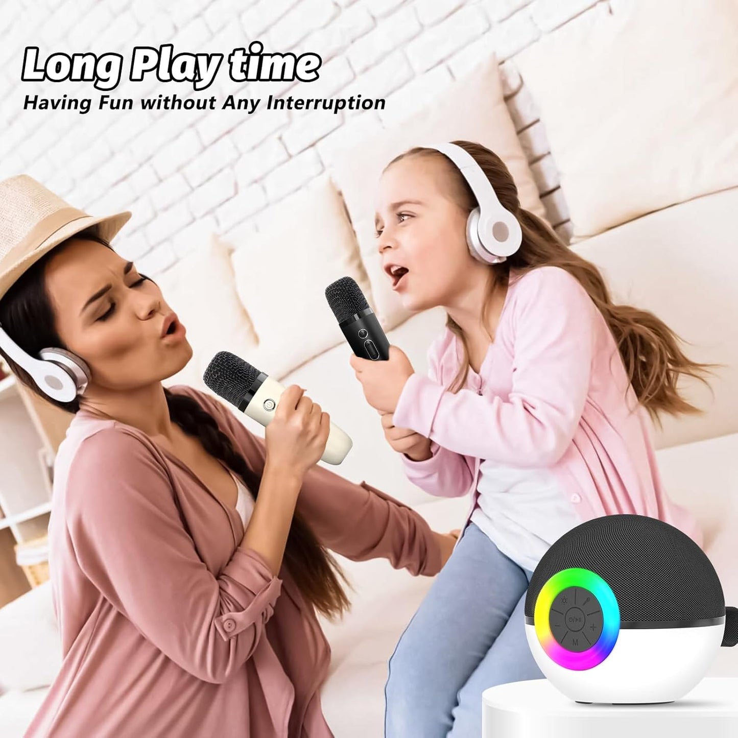 goopow Mini Karaoke Machine Speaker for Kids Adults, Portable Bluetooth Microphone Song Toys with LED Light, Best Chritmas Birthday Festival Gift for 3 4 5 6 7 8+ Year Old Girls Boys (Black-2 Mic)