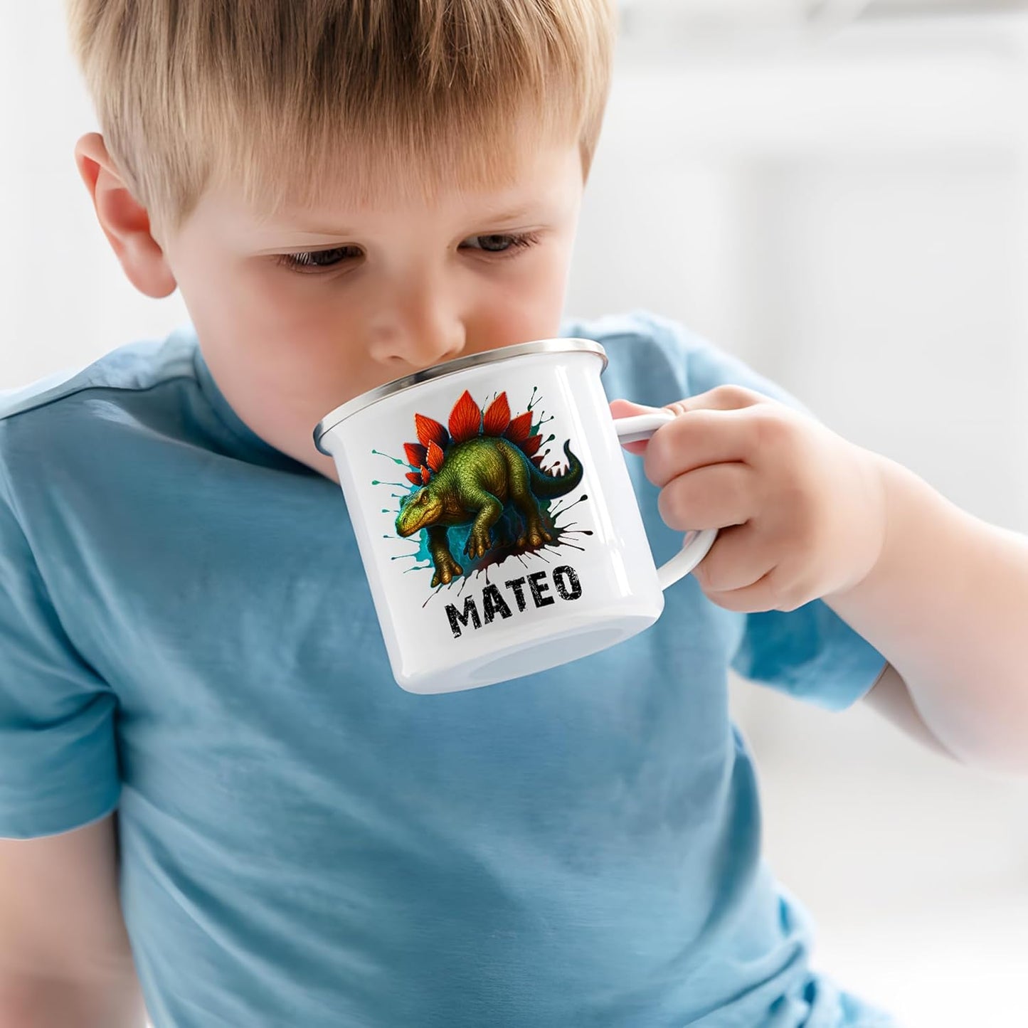 Personalized 12 oz Enamel Mug with Name - Custom Camping Coffee Mugs for Home, Work, Travel, Camping - Birthday Christmas Gift for Family Friend (Splash-Ink Dinosaur)