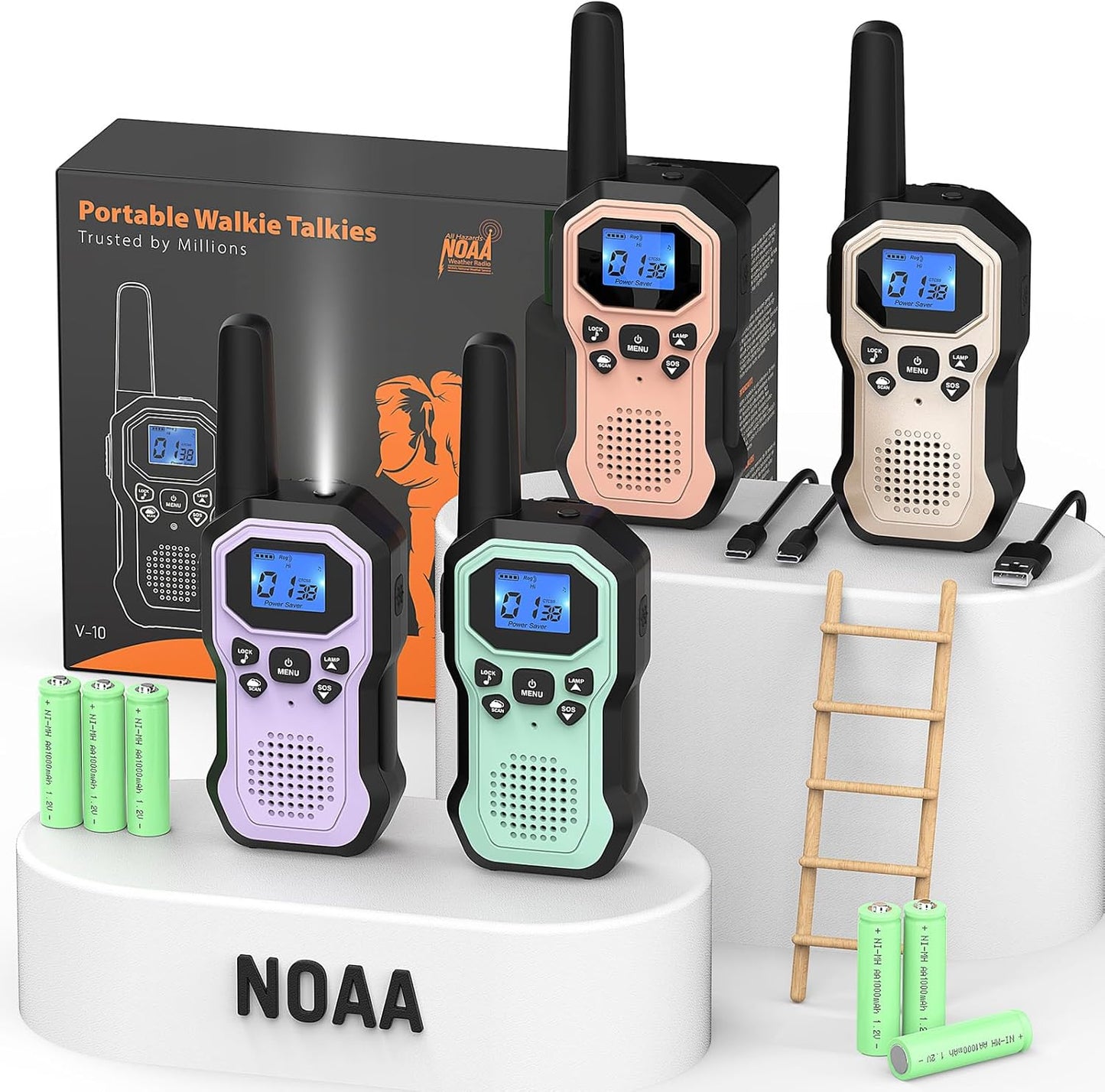 Walkie Talkies for Adults Long Range 2 Way Radios for Kids Rechargeable 4 Pack, Hiking Camping Skiing Cruising Gear with Lamp, USB-C, SOS Siren, NOAA Alert, iVOX Hands-Free, One-Touch Pairing