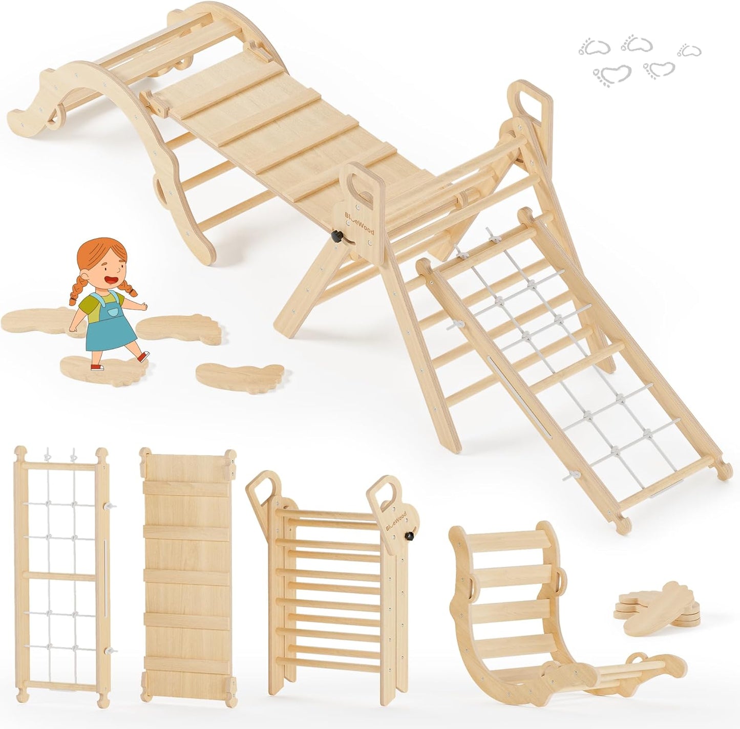 BlueWood 10-in-1 Pikler Triangle Set, Toddler Climbing Toys Indoor, Montessori Climber, Baby Jungle Gyms with Arch, Extra Rope Ladder & Footprint Balance Beam - Natural Rustic