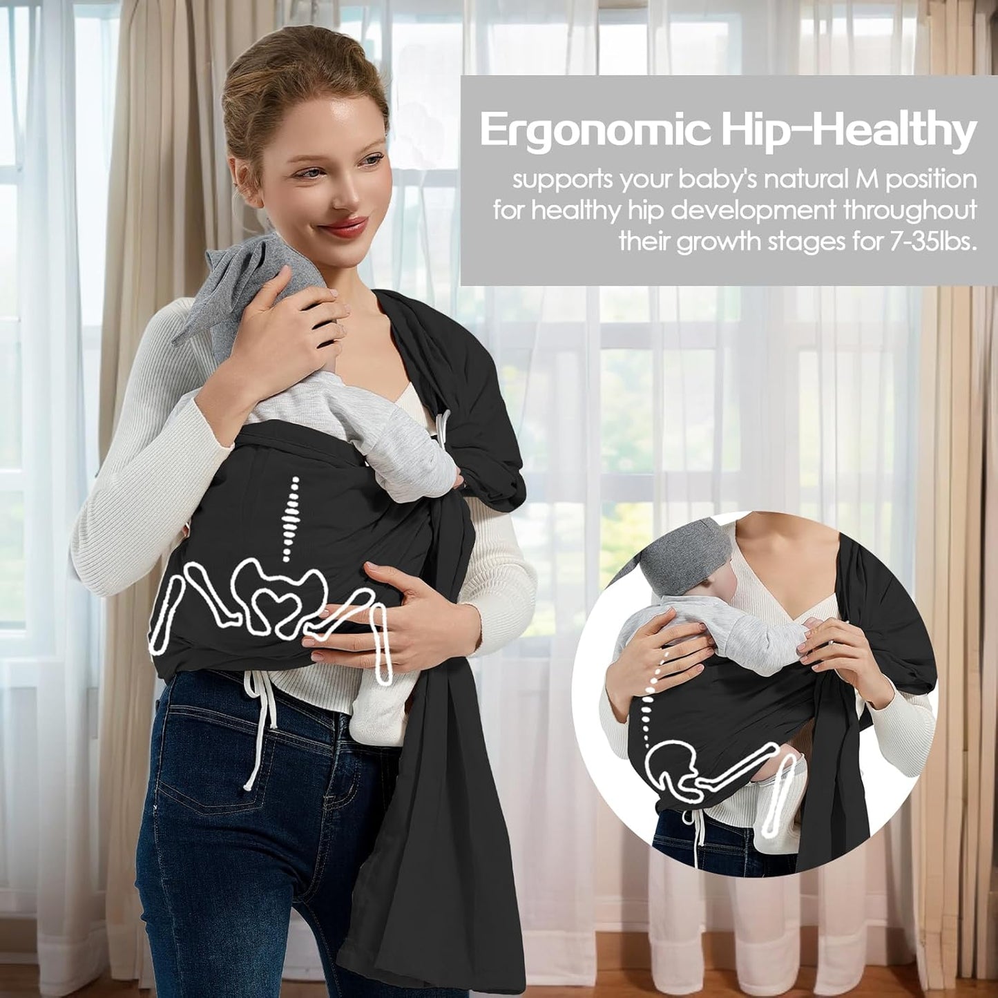 Baby Wrap Ring Sling 7-35 lbs, Baby Sling Carrier for Newborn, Toddler, Infant Holder, Lightweight Baby Carrier Wraps, Black