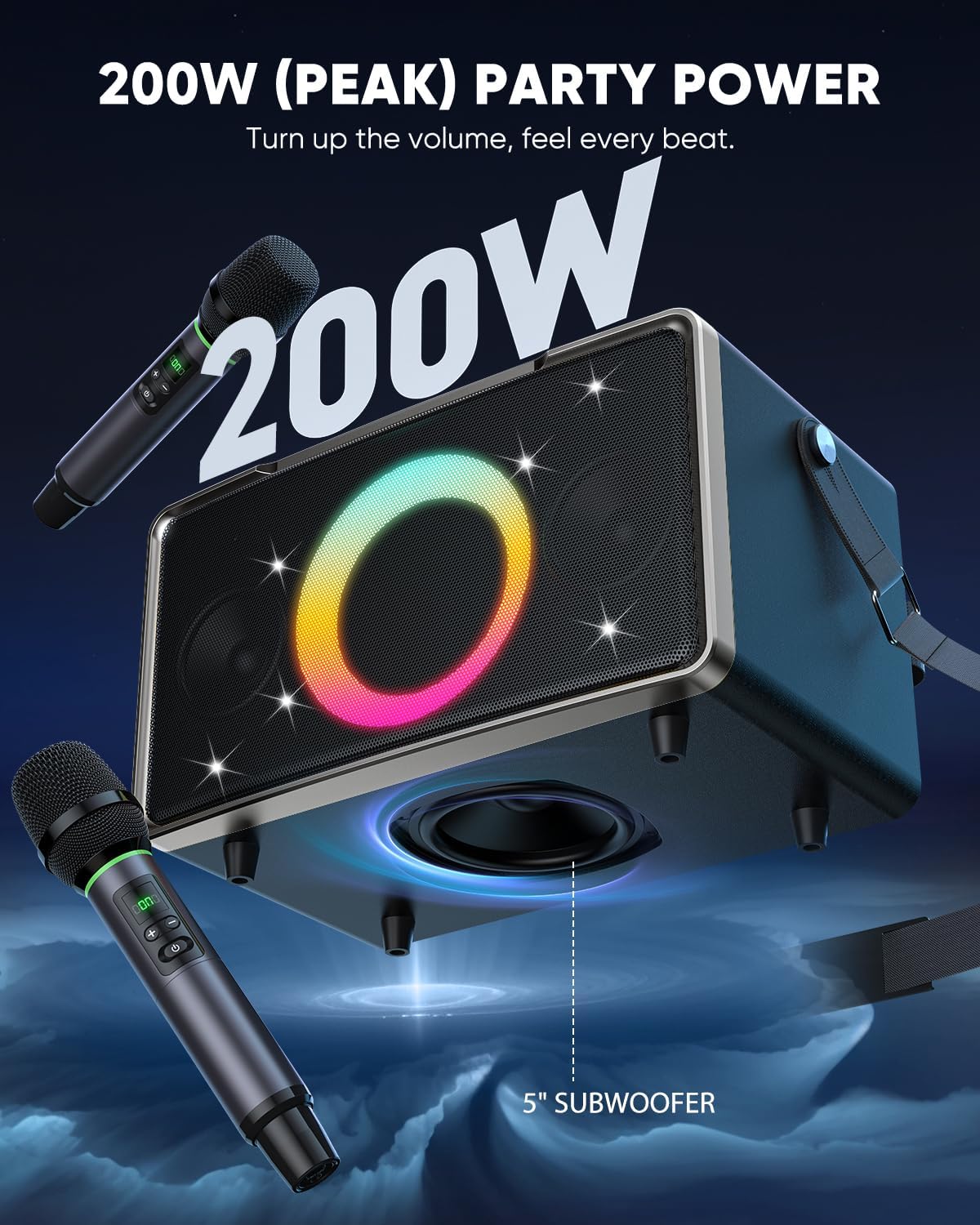 GFEEN Portable Bluetooth Speaker: 200W Peak, 15H Playtime, Wireless Speakers with Microphone, 5″ Subwoofer, Loud Sound, Light Show, Fast Charging for Outdoor, Party, Backyard(Silver with 1Mic)