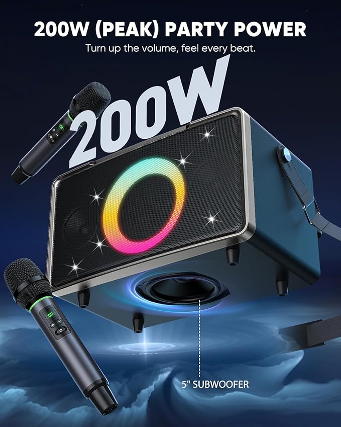 GFEEN Portable Bluetooth Speaker: 200W Peak, Deep Bass, 15H Playtime, Large Party Wireless Speakers, Powerful Loud Sound, Light Show, Fast Charging for Outdoor, Backyard, Home(Silver with 1Mic)