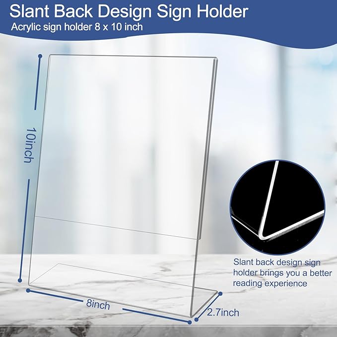 Slanted Back Acrylic Sign Stands 8 x 10, Clear Tabletop Display, Plastic Paper Sign Holder for Office, Home, Restaurant (6 Pack)