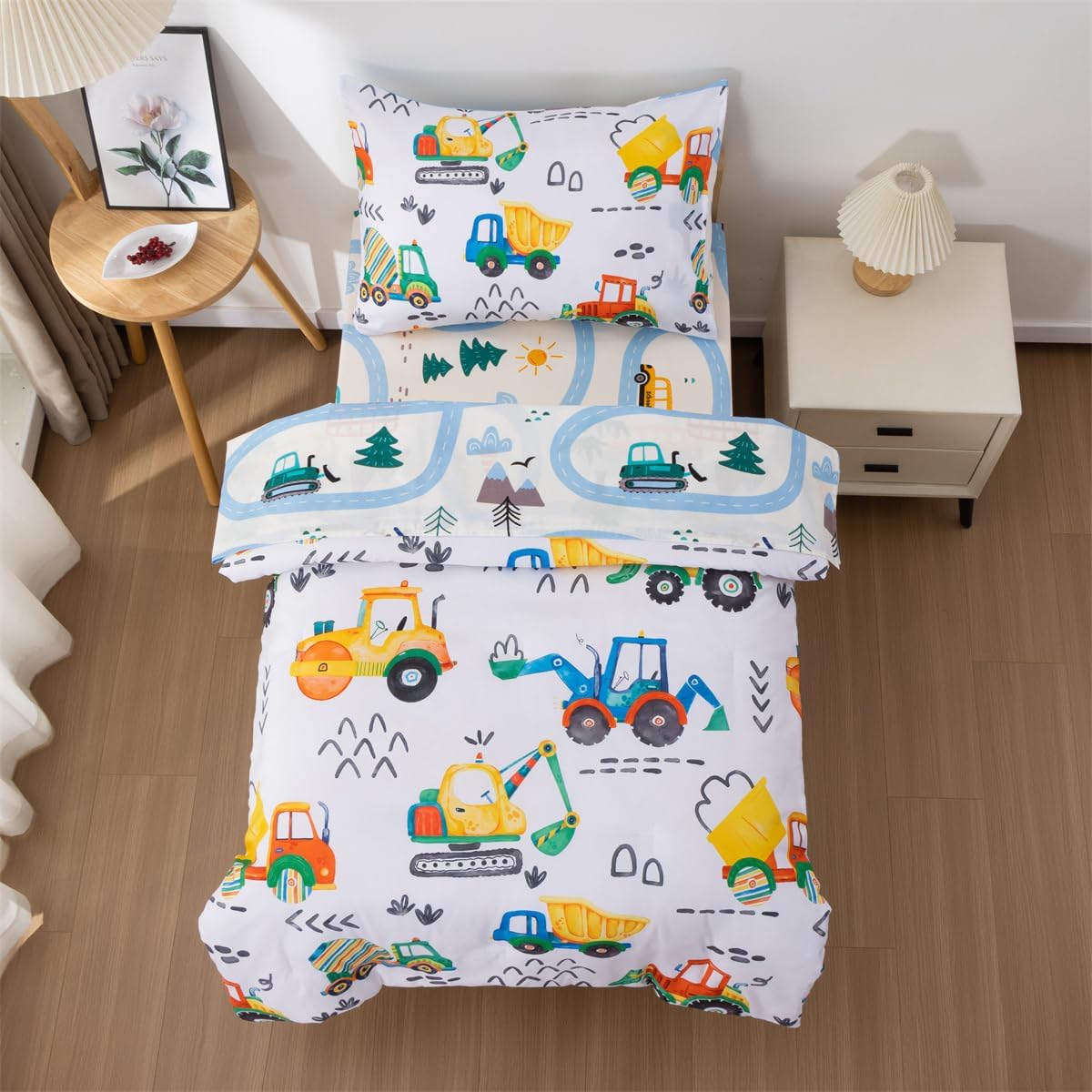 NTBED 4 Pieces Construction Toddler Bedding Set for Baby Boys,Watercolor Truck Vehicles Excavator Cars Printed, Includes Comforter, Flat Sheet, Fitted Sheet and Pillowcase,Multi