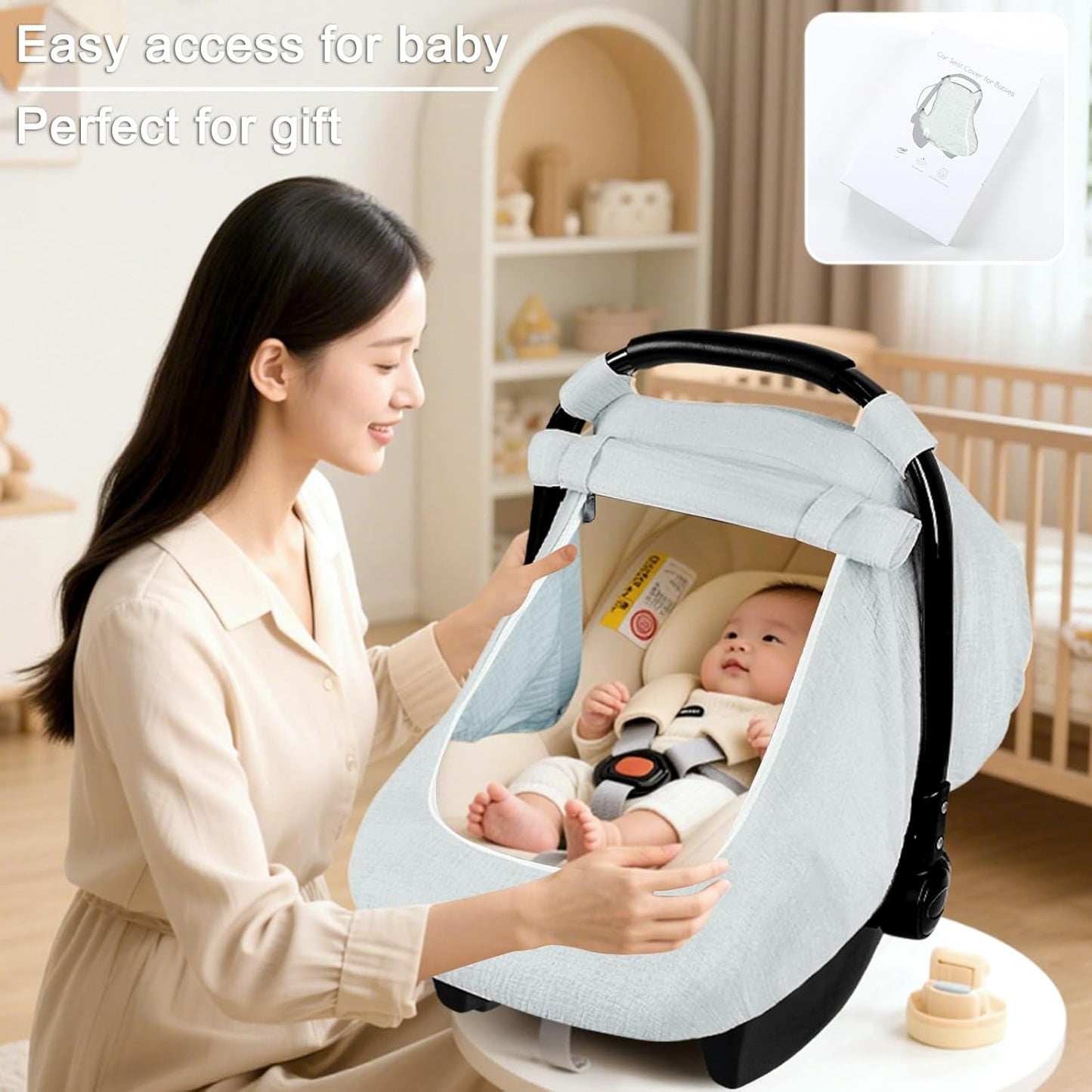 Muslin Car Seat Covers for Babies, Summer Baby Car Seat Cover for Boys Girls with Breathable Window, Lightweight Infant Car Seat Canopy, Gray