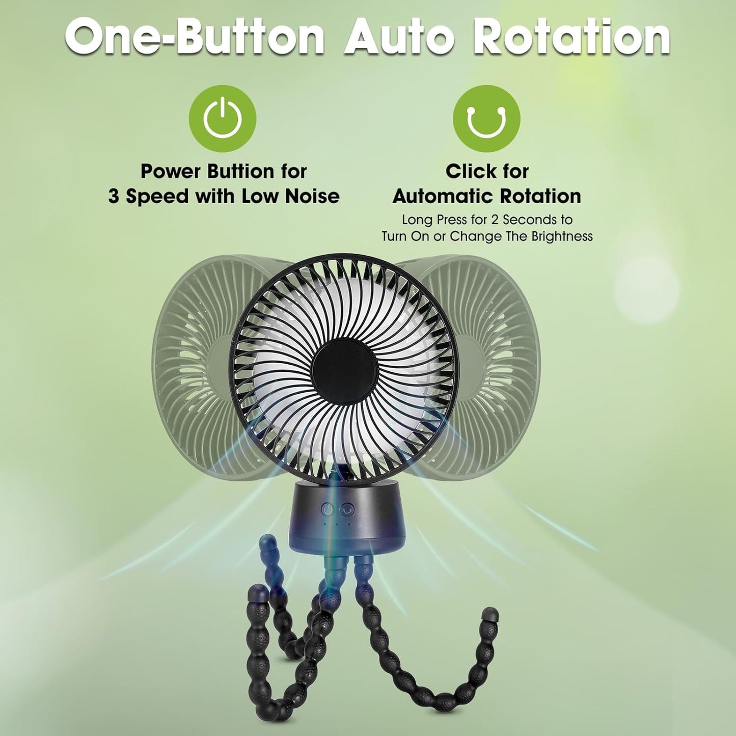 50H Portable Stroller Fan, 15000mAh Ultra-Long Battery Powered Rechargeable Personal Fans, Tripod Clip Fan with Auto Rotation，3 Speed Desk Handheld Cooling for Travel Car Seat Bedroom