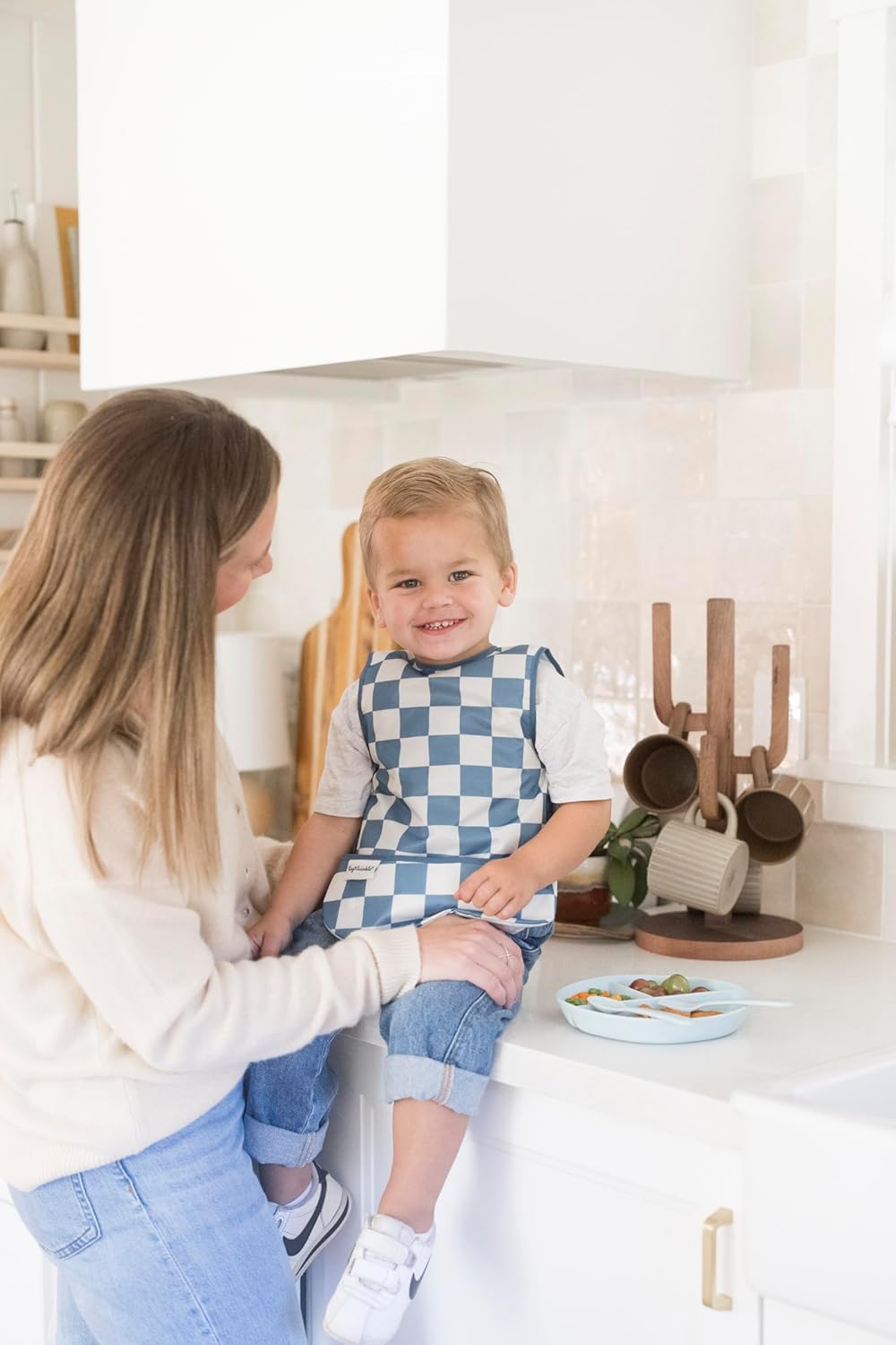 Tiny Twinkle Mess Proof Baby Bib - Waterproof & Lightweight Baby-Led Weaning Apron | 100% Recycled Polyester, Easy Clean & Machine Washable (Blue Checkers, Small 6-24 Months)