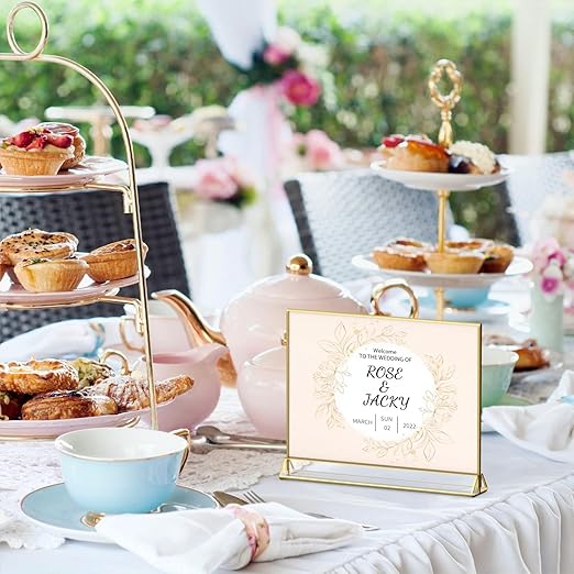 NIUBEE 6Pack 11 x 8.5 Acrylic Sign Holder with Gold Frames and Vertical Stand, Ideal for Display Wedding Table Numbers, Double Sided Picture, Clear Photos, Menu Holders -Horizontal