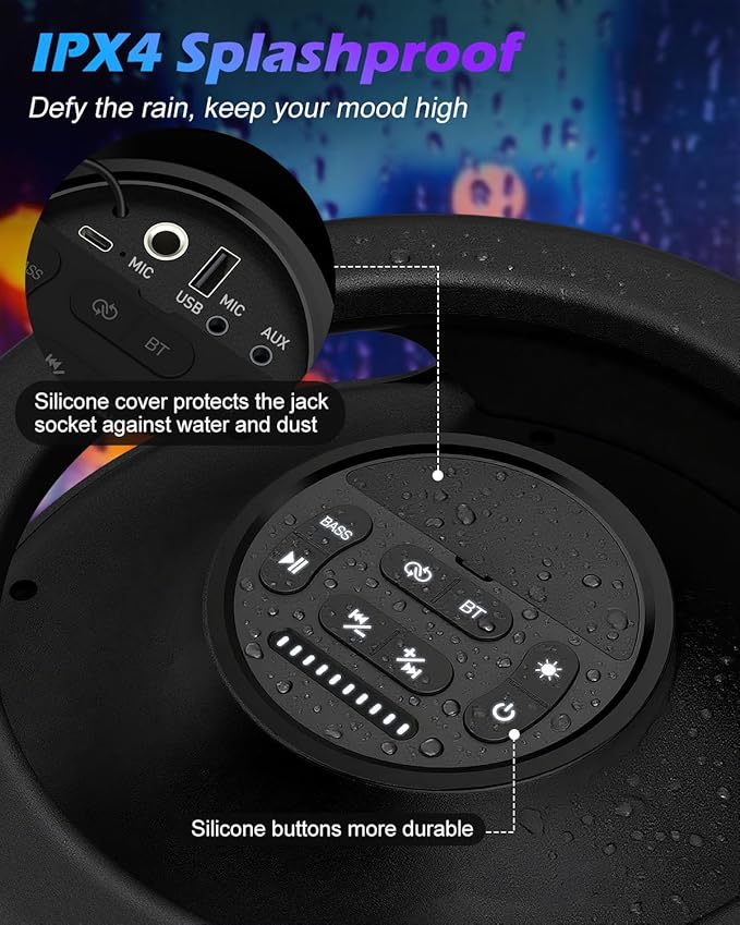 Large Bluetooth Speaker, 260W Peak Powerful Loud Sound with Deep Bass, 15Hr Playtime, Fast Charge, TWS, Cool Lights, Portable Outdoor Speaker Wireless for Party, Camping, Beach, Backyard, Home, Work