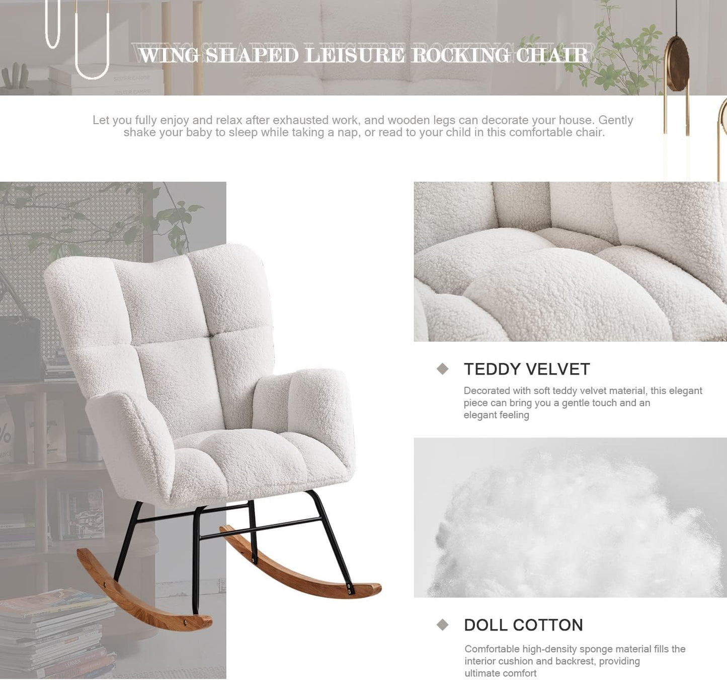 Nursery Rocking Chair, Teddy Upholstered Glider Rocker with High Backrest Armchair, Modern Rocking Accent Chairs for Nursery, Living Room, Bedroom, Offices (Ivory)