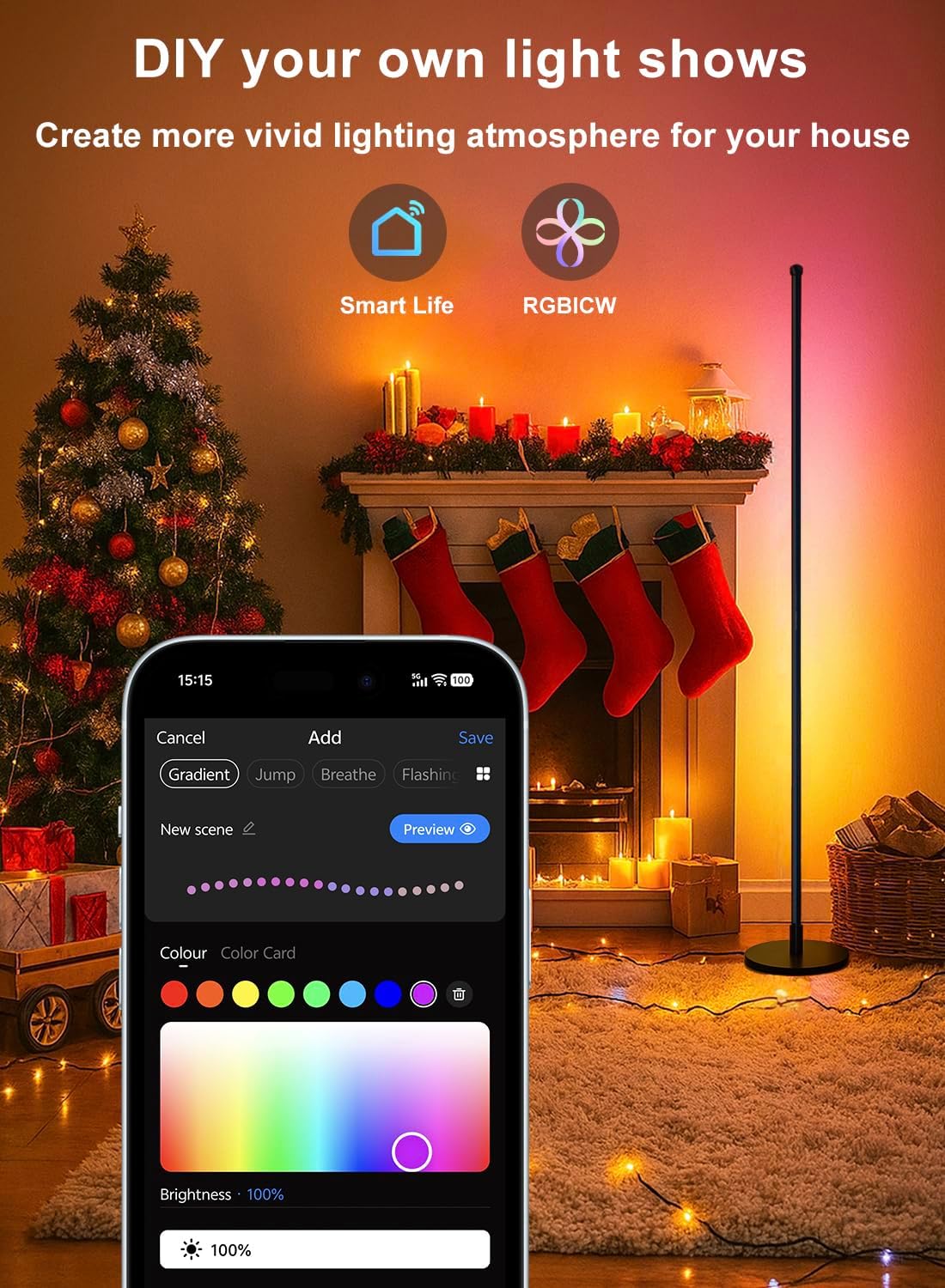 Corner Floor Lamp, Smart RGBICW LED Corner Lamp with App and Remote Control, 16 Million DIY Colors, Music Sync, Modern LED Floor Lamp for Living Rooms, Bedrooms, and Gaming Rooms