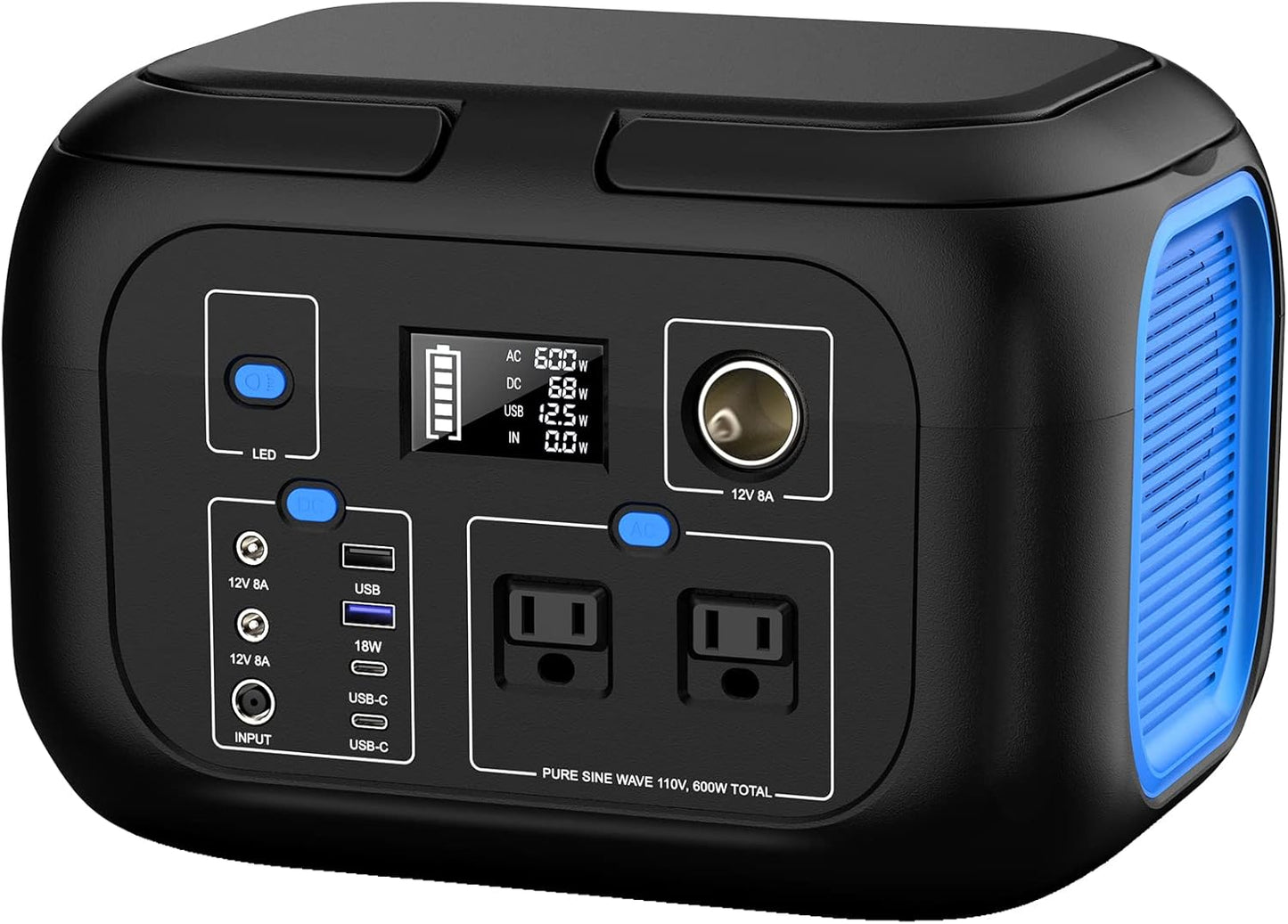 Portable Power Station 600W Power Bank 296Wh Solar Generator Lithium Battery Portable Generator Fast Charging with LED Light Battery Pack 9 Outputs Power Supply for Home Camping Emergency Backup