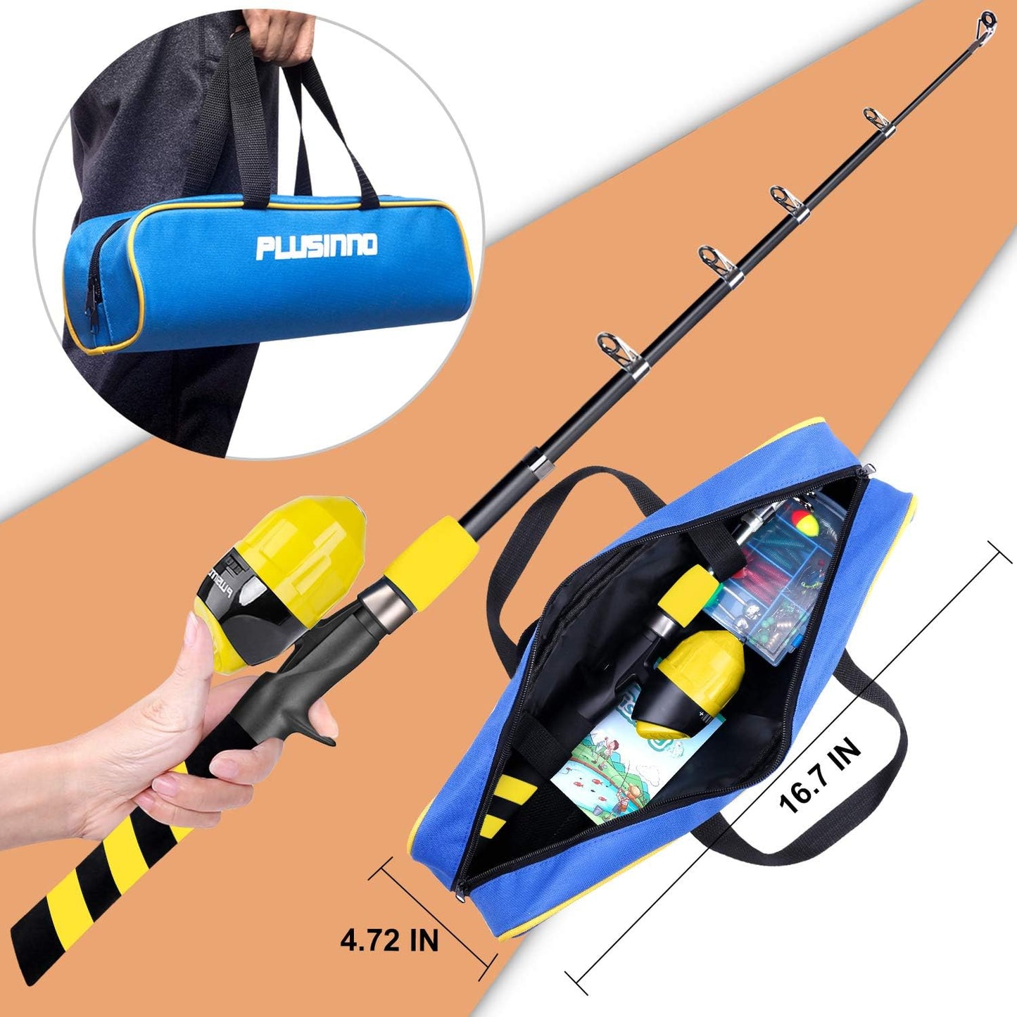 PLUSINNO Kids Fishing Pole, Portable Telescopic Fishing Rod and Reel Combo Kit - with Spincast Fishing Reel Tackle Box for Boys, Girls, Youth