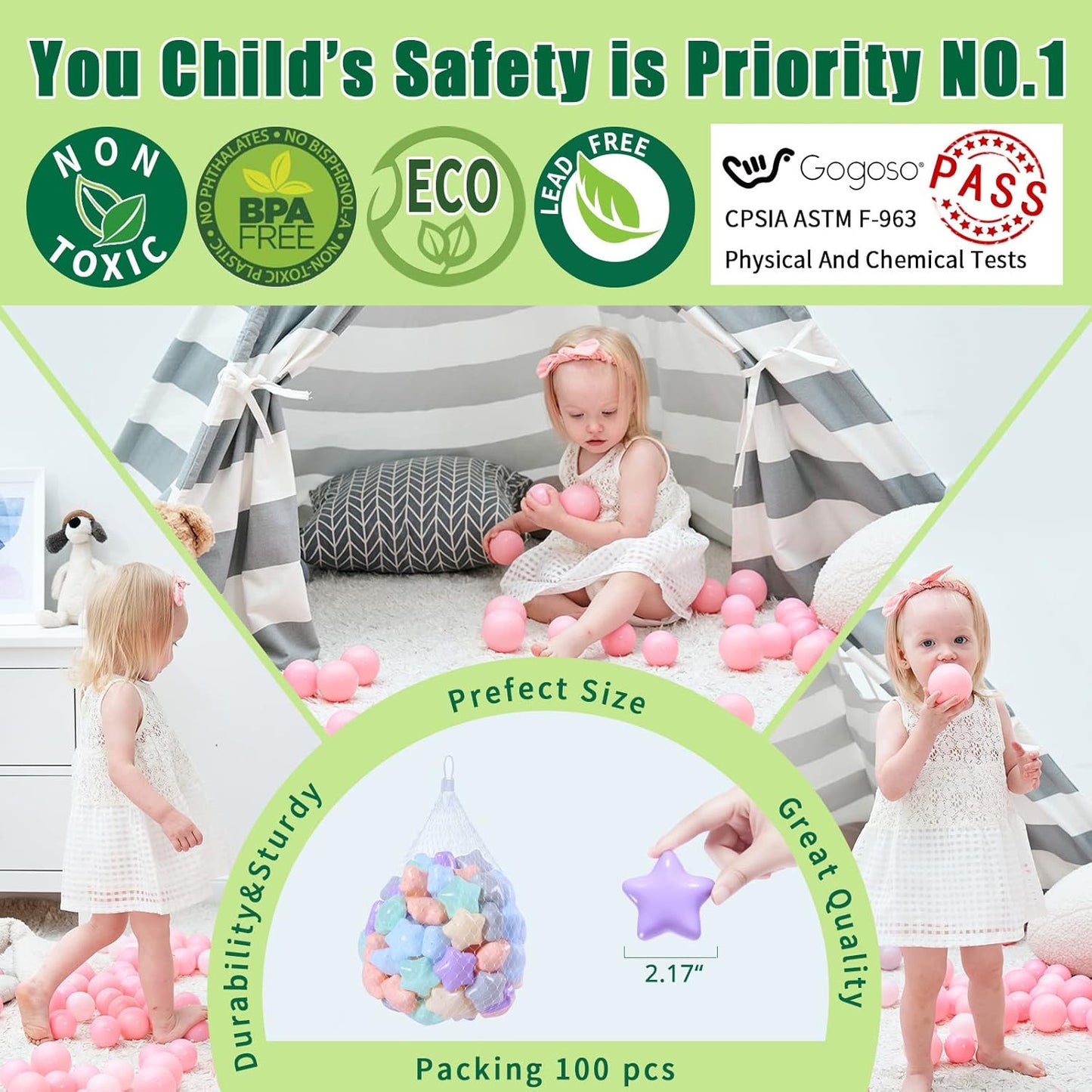 GOGOSO 100 Ball Pit Balls Star Bals - Pink Soft Plasticballs Phthalate Free BPA Free Playballs for Ballpool Birhtday Party Girls Kids with Storage Bag, 2.15inches