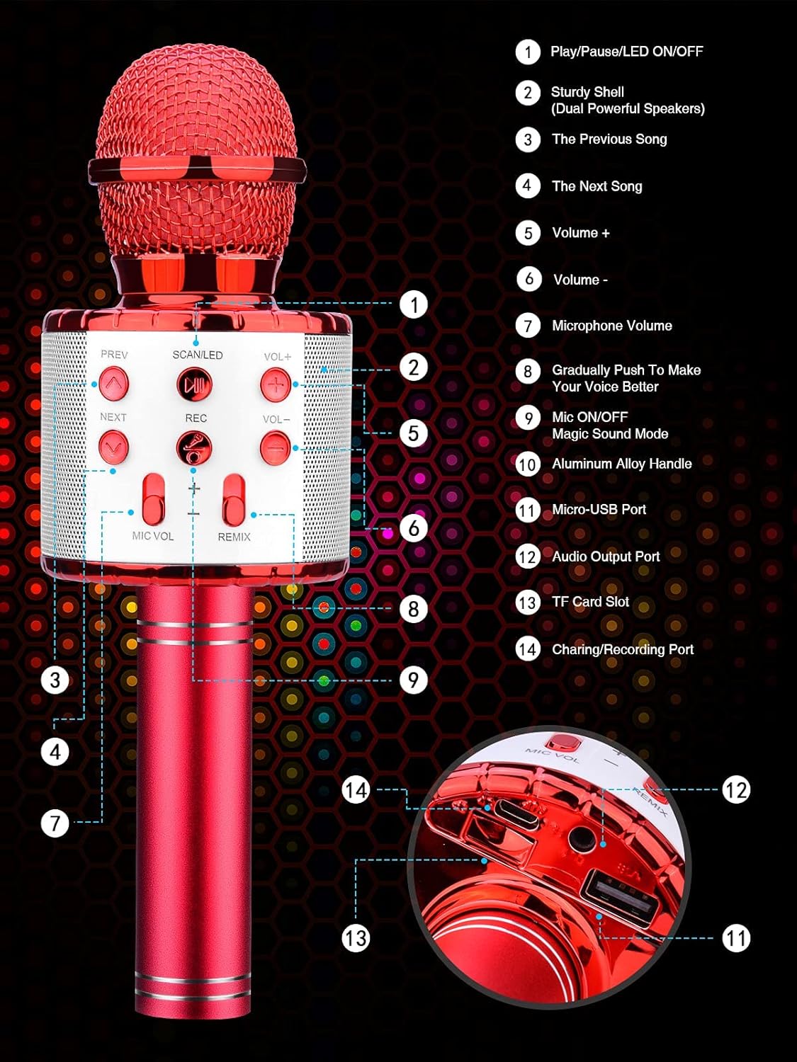 BlueFire 4 in 1 Karaoke Wireless Microphone with LED Lights, Portable Microphone for Kids, Great Gifts Toys for Kids, Girls, Boys and Adults (Red)