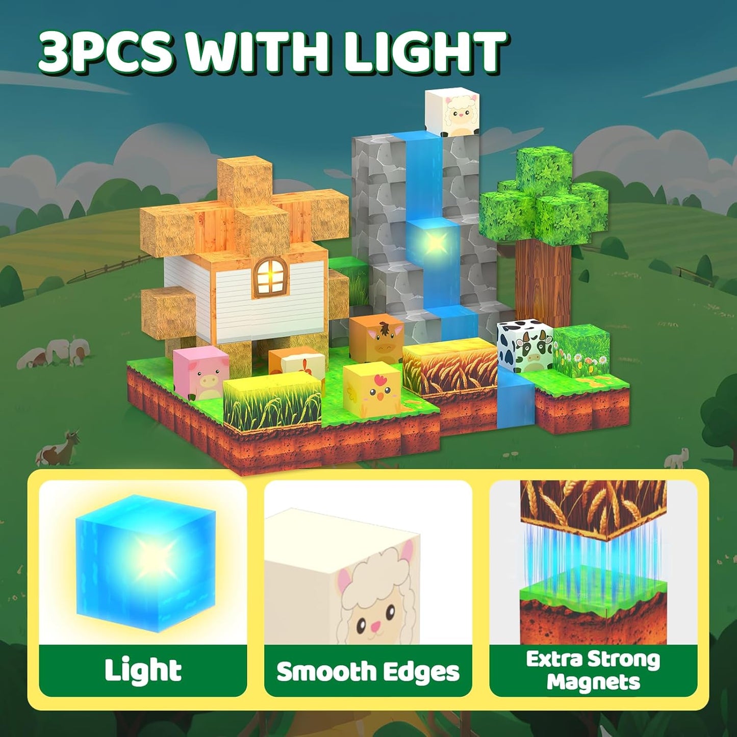 Magnetic Blocks - 138 PCS Building Blocks Set with 3 Light-Up Blocks, STEM Construction Cubes Toys for Kids 4-8, Toddler Sensory Stacking Toys, Christmas Birthday Gift for Boys and Girls Ages 3+