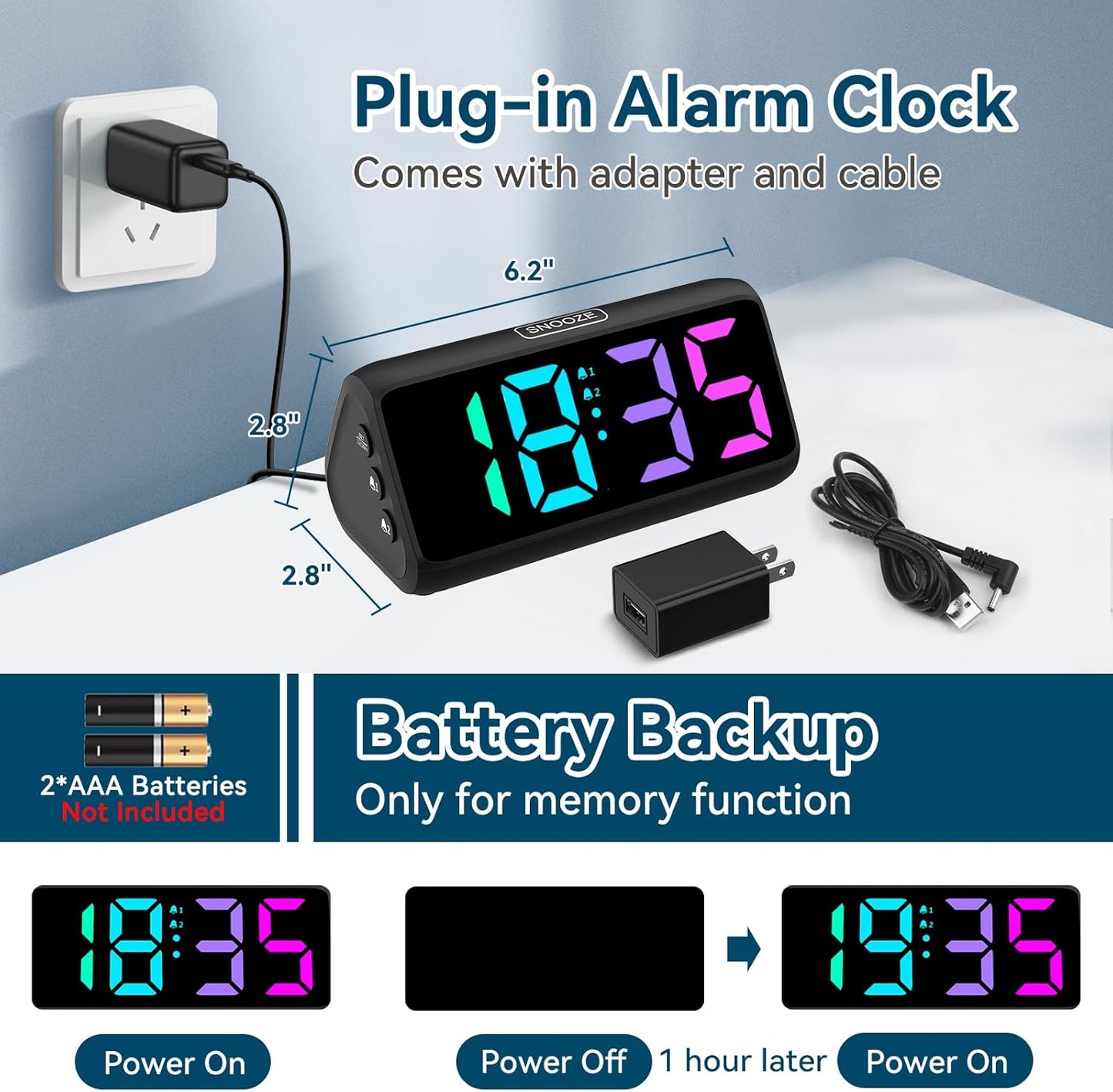 Netzu Loud Alarm Clock for Heavy Sleepers, RGB Alarm Clocks for Bedrooms Seniors Kids, Plug in Digital Clock with 5 Dimmers, 2 Alarms, 4 Volumes and Snooze