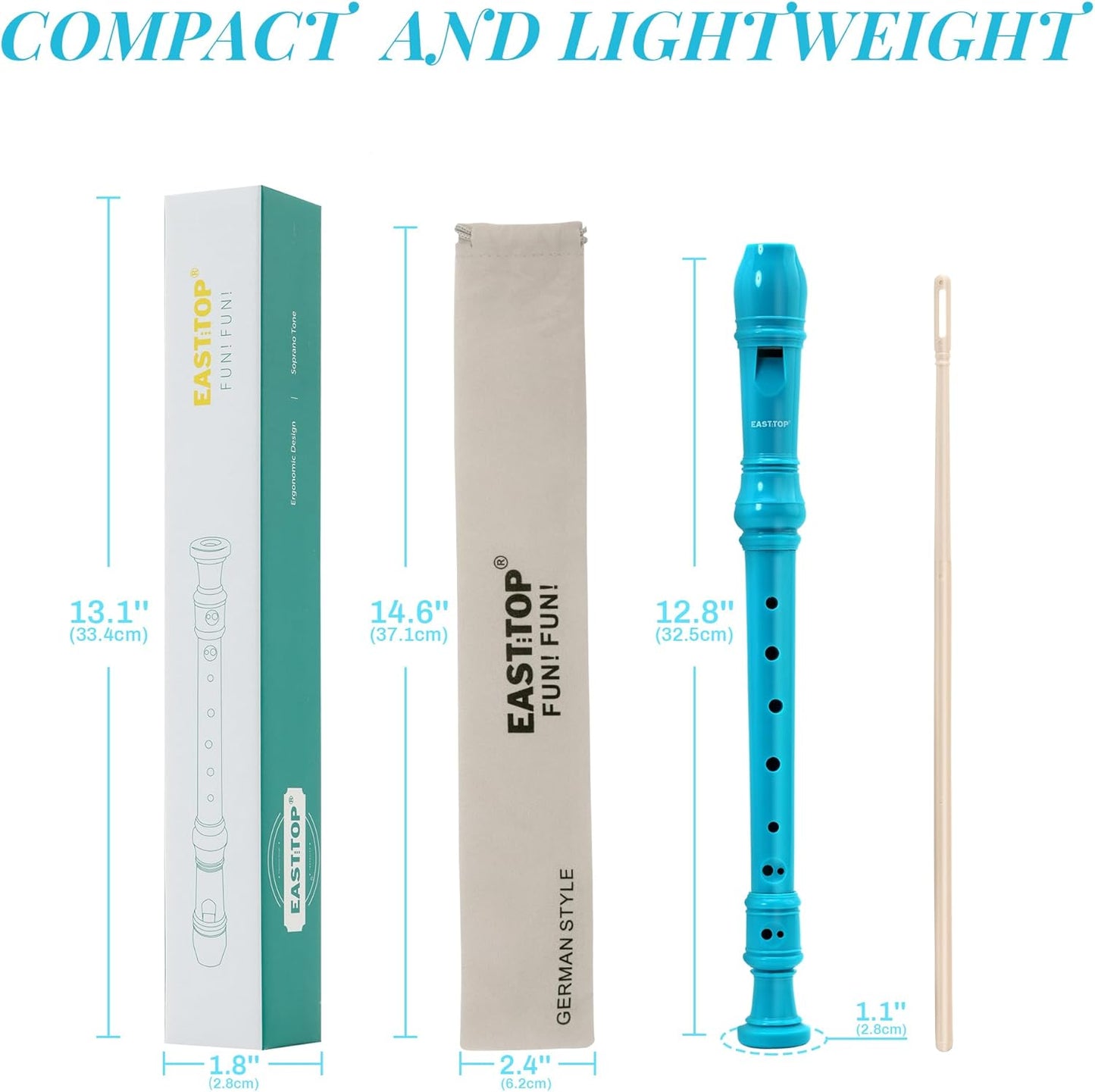 EAST TOP Soprano Recorder for Kids Beginners, 8 Hole Plastic German Fingering Flute Recorder 3 Piece with Cleaning stick, Cotton pouch, Fingering Chart, Colorful box (Blue)