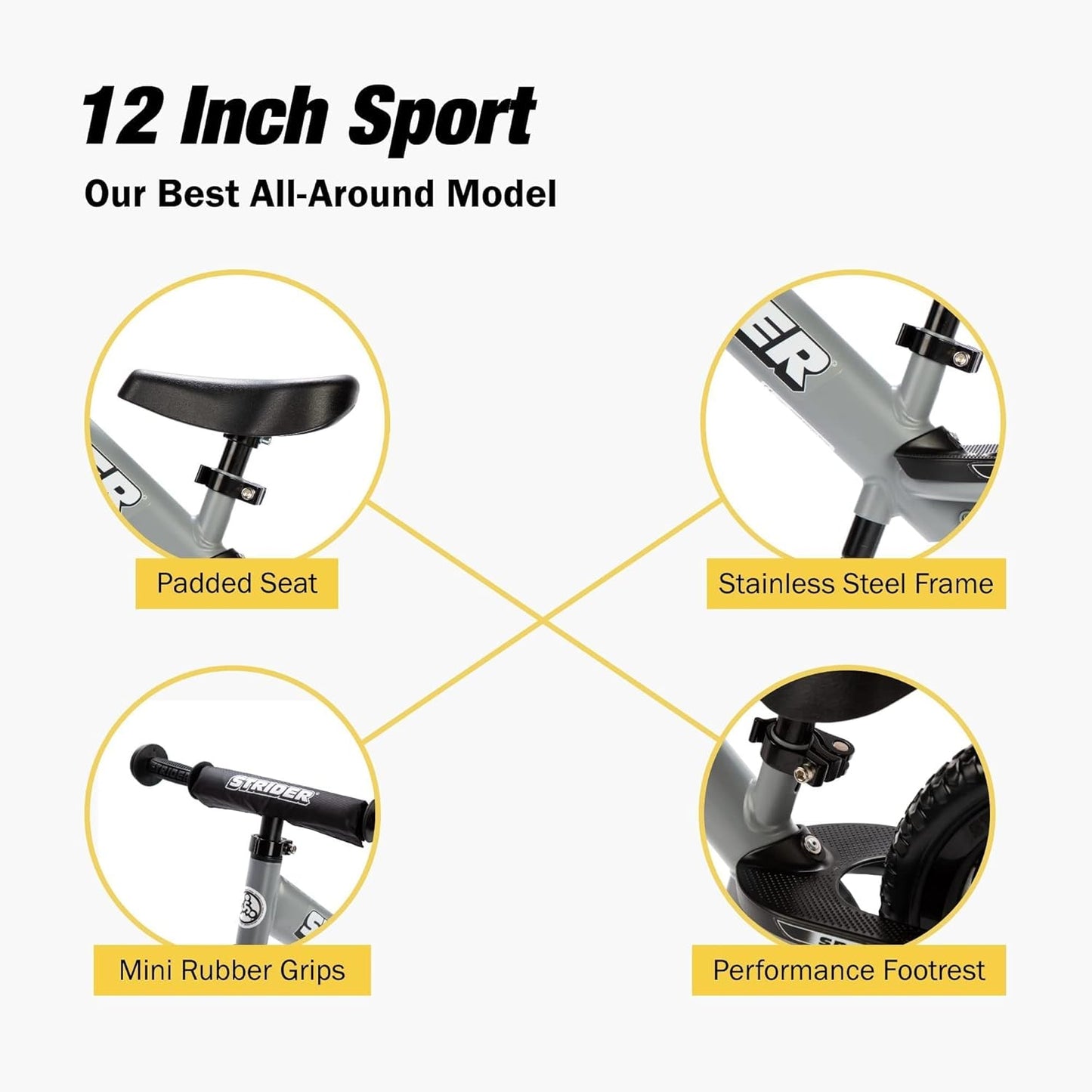 Strider 12” Sport Bike - No Pedal Balance Bicycle for Kids 1 to 4 Years - Includes Safety Pad, Padded Seat, Mini Grips & Flat-Free Tires - Tool-Free Assembly & Adjustments