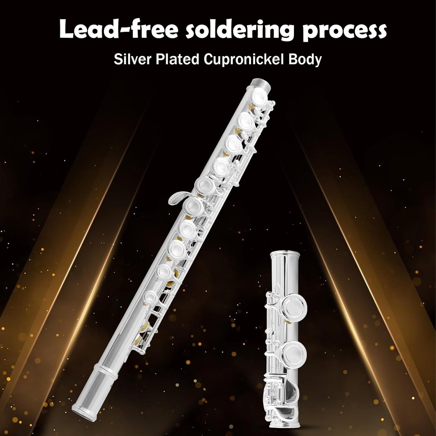 EASTROCK Silver Plated C Flute Closed Hole 16 Keys Flute Instrument with Curved Head Joint Mouthpiece Replacement,Cleaning Kit,Stand,Carrying Case,Gloves,Tuning Rod for Beginners Kids Students