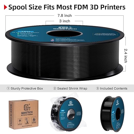 Geeetech TPU Filament 1.75mm, Shore 95A – Flexible 3D Printer Filament with High Elasticity, 1KG (2.2lbs) Spool, Dimensional Accuracy ±0.03mm, Fits Most FDM Printers (Black)