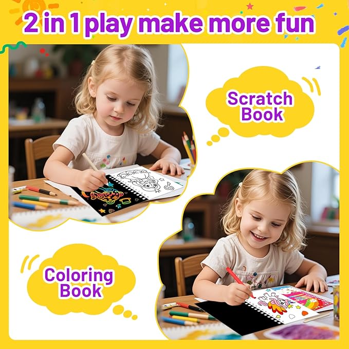 Party Favors for Kids: 16 Pack Scratch Art Notebooks with Rainbow Colors, 2-in-1 Coloring & Scratch Books, Bulk Birthday Gifts, Goodie Bags, Classroom Prizes for Boys & Girls