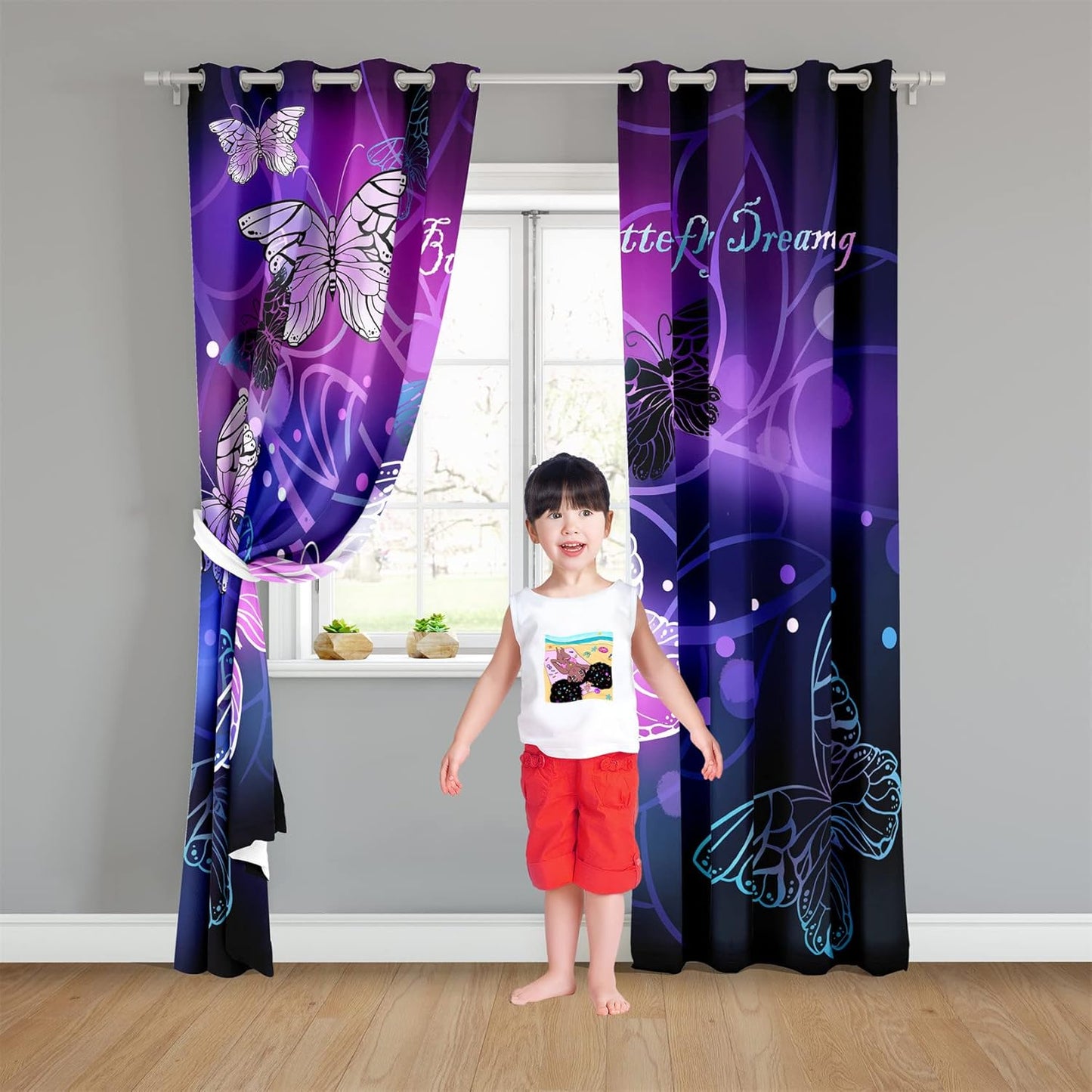 Butterfly Window Curtain Panels Purple Blackout Girls Curtains for Bedroom 2 Panels Curtains 84 inch Length for Girls Bedroom Nursery Room Grommet Top Thermal Insulated Curtains, 82" x 84"