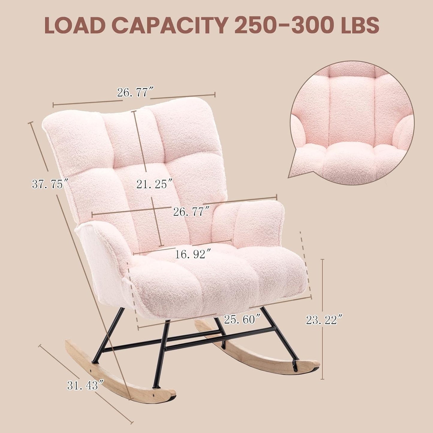 Rocking Chair Nursery Teddy Upholstered Glider Rocker Rocking Accent Chair Padded Seat with High Backrest Armchair Comfy Side Chair for Living Room Bedroom Offices (Pink Teddy)