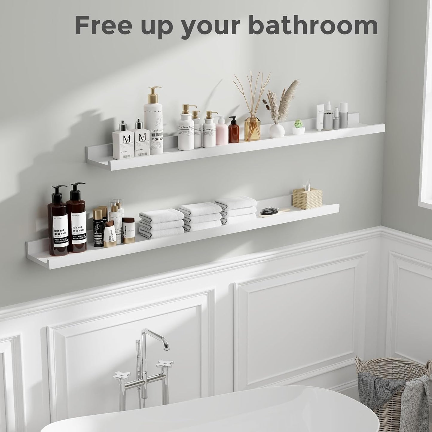 White Long Picture Shelves for Wall with Ledge, Solid Wood Floating Shelves with Lip, Wall Mounted Storage Shelves for Kitchen, Living Room, Bedroom, 48 Inch Long, Set of 2