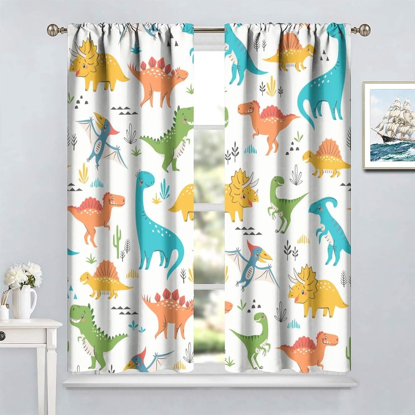 Kids Dinosaur Curtains for Boy Girl Bedroom Decor Cartoon Dino Colorful Cute Funny Animal Wildlife Printed Blackout Rod Pocket Window Drapes for Baby Nursery Playroom Living Room W21xL45in 2 Panels