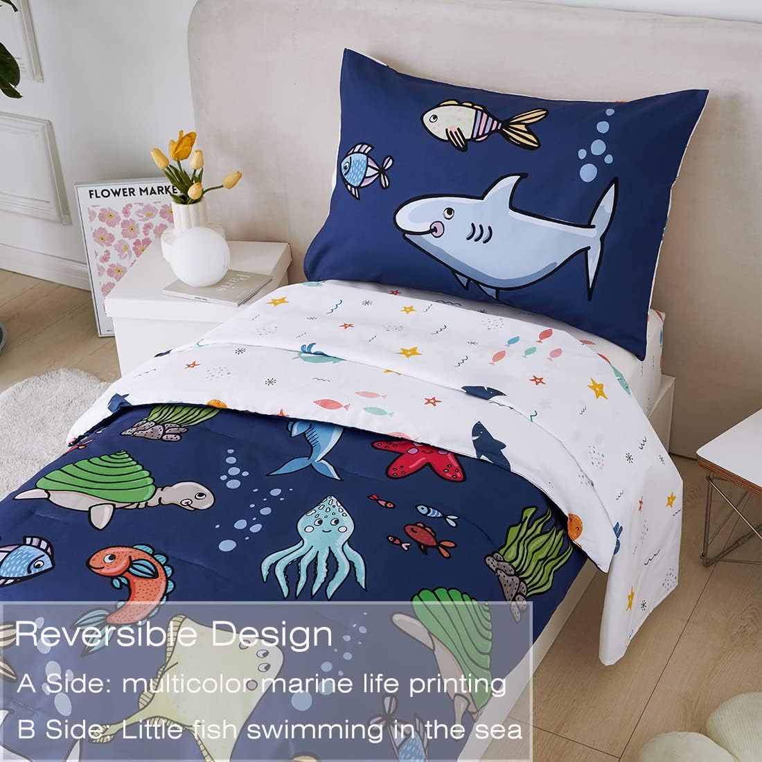 PERFEMET 4 Pieces Toddler Bedding Ocean Animal Printed Toddler Comforter Set Reversible Lightweight Cartoon Bed in A Bag for Toddler Boys Girls(Navy Blue, Sharks/Dolphins/Fish)