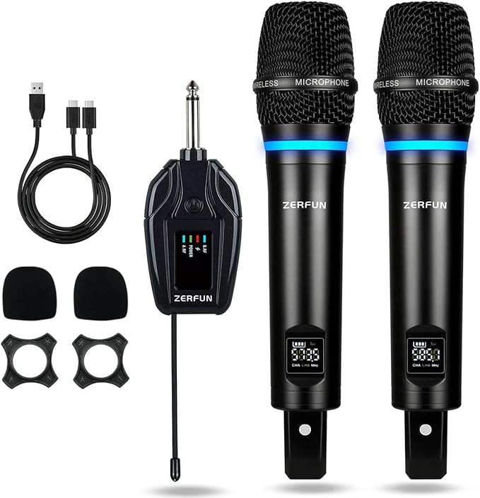 2 Channel Rechargeable Wireless Microphone System, Pro UHF Metal Handheld Wireless Microphones Cordless Mics with Mini Receiver, Channel Control for Karaoke Singing Church