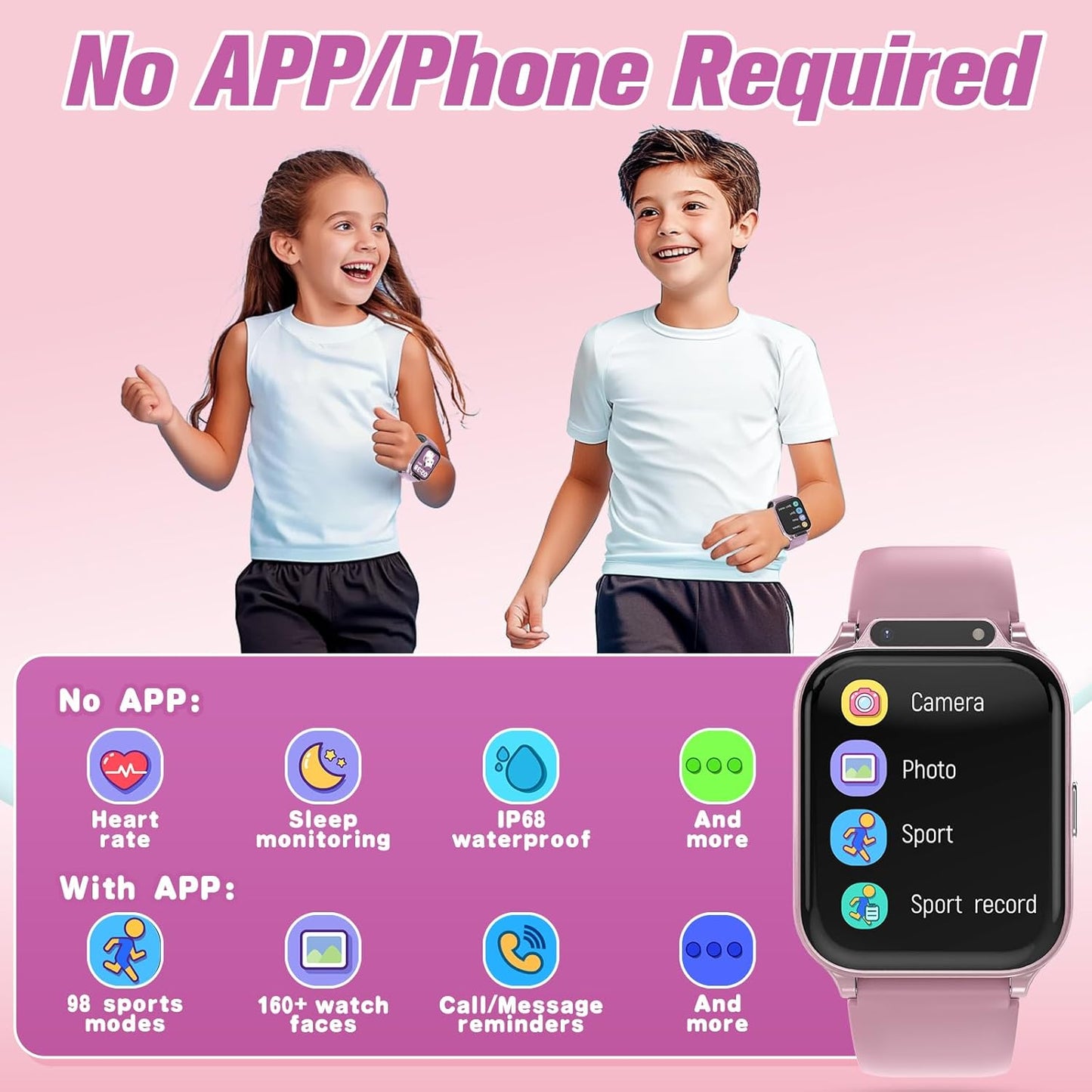 Smart Watch for Kids 1.85" with Fitness Tracker, Sleep Monitor, 22/100+ Sport Modes, DIY Dial, IP68 Waterproof, Step Counter, Heart Rate, Camera, with/Without APP, Gift for 3-12 Years Old Girls