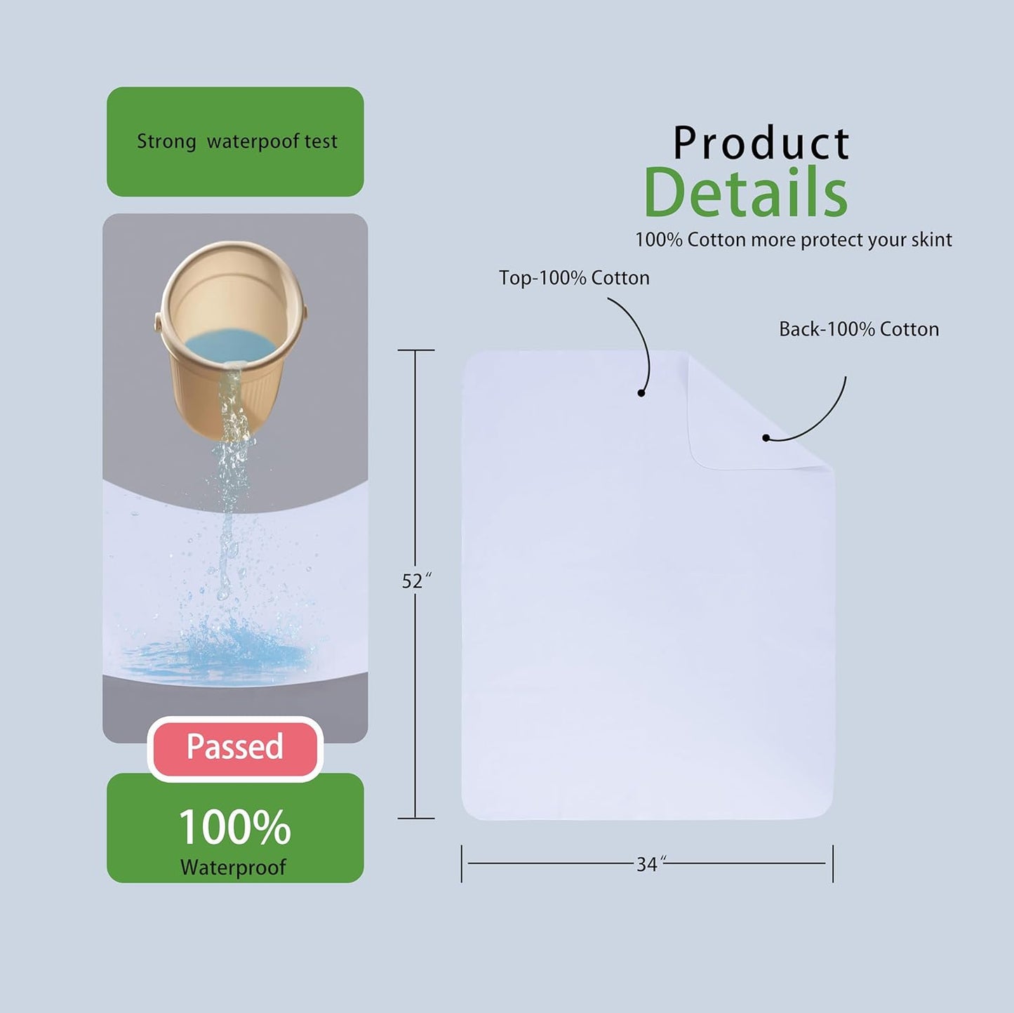 Washable Underpads, 34" x 52" (Pack of 2) Extra Heavy Absorbency ,100% Waterproof Mattress Protector,Flannel Cotton Underpads for Kids, Adults,Pets,Bed, Couch, Sofa, Floor,Home