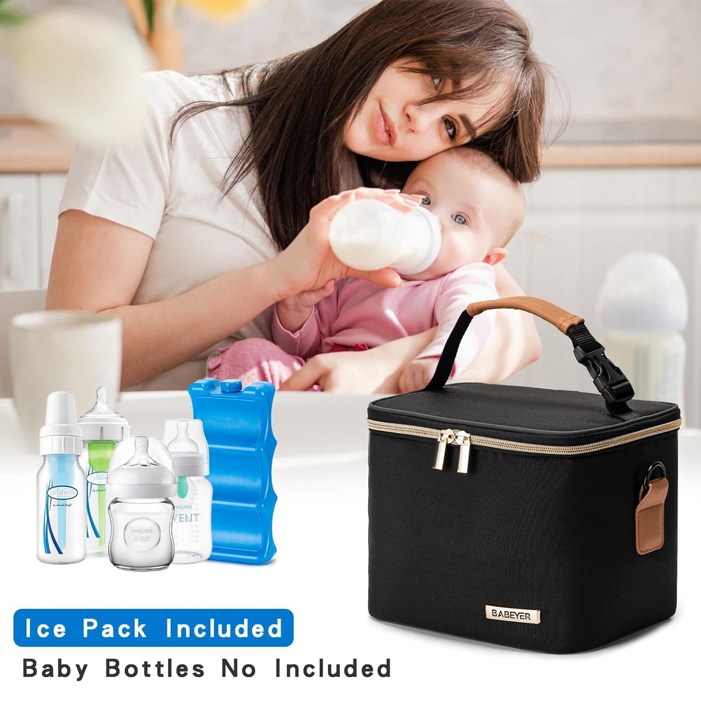 Breastmilk Cooler Bag with Ice Pack Fits 6 Baby Bottles Up to 5 Ounce, Baby Bottle Bag with Shoulder Strap for Nursing Mom Daycare-Black