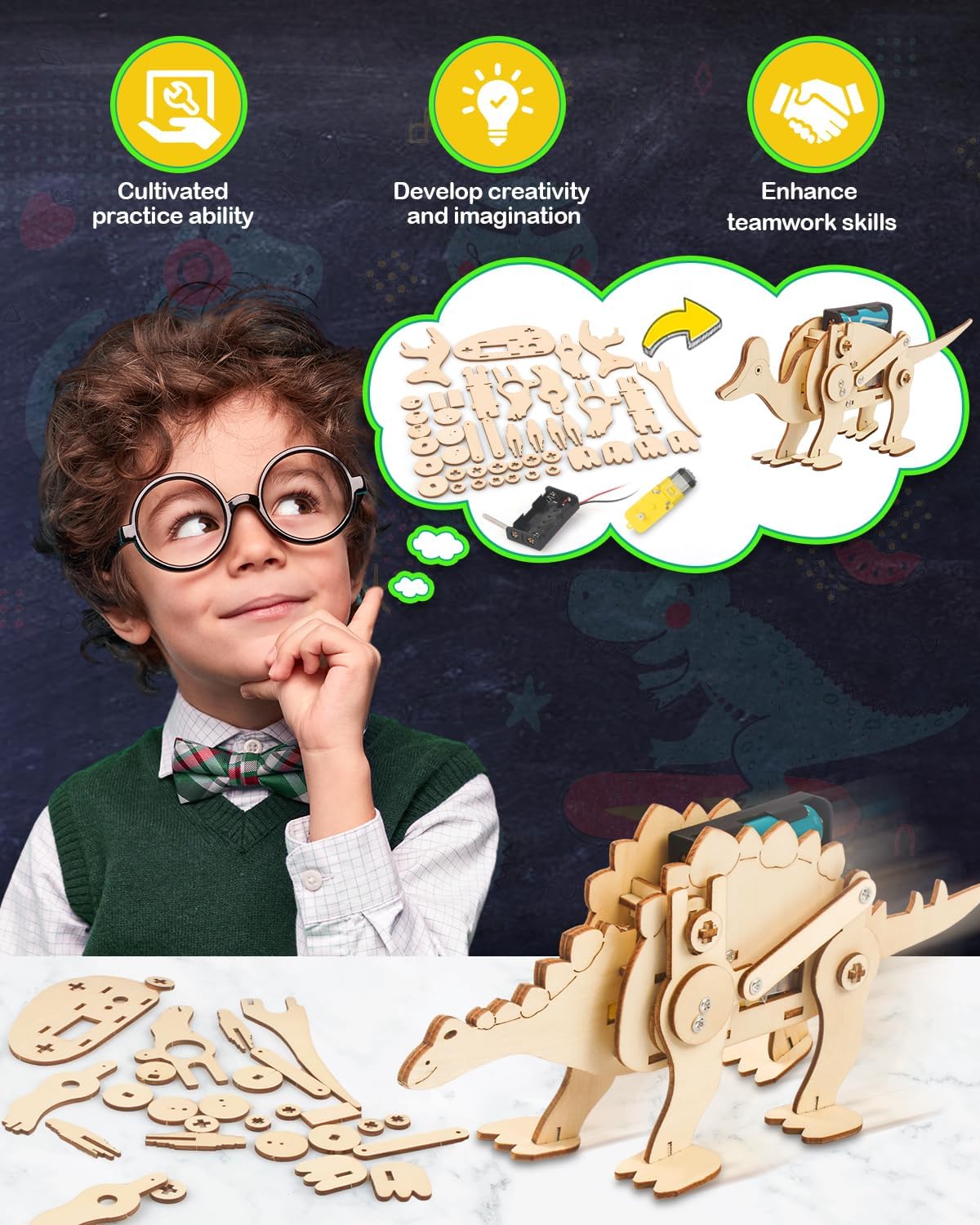 Poraxy Dinosaur Toys, 6 Set STEM Kits for Kids Ages 8-10-12, Toys for Ages 8-13, Science Kits Buildings Projects, 3D Wooden Puzzles Robot Crafts, Gifts for Boys and Girls Ages 8 9 10 11 12 13
