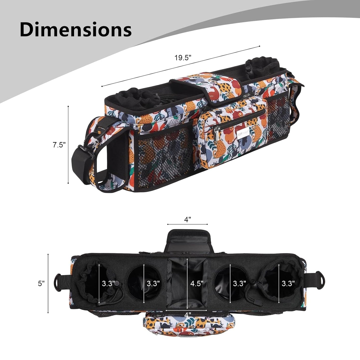 TOPDesign Universal Baby Stroller Organizer, Double Stroller Caddy with Detachable Mesh Bag & Heightened Insulated Cup Holders & Non-Slip Secure Hooks Accessories, Fits Most Strollers (Zoo)