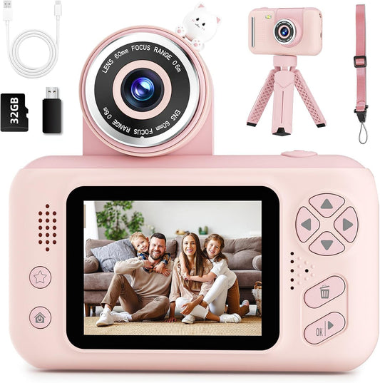Kids Camera Girls for 3 4 5 6 7 8 9 Years Old Girls,1080P HD Video Selfie Camera with 32G SD Card Kids Digital Camera Toys for Toddler Birthday Gifts Pink