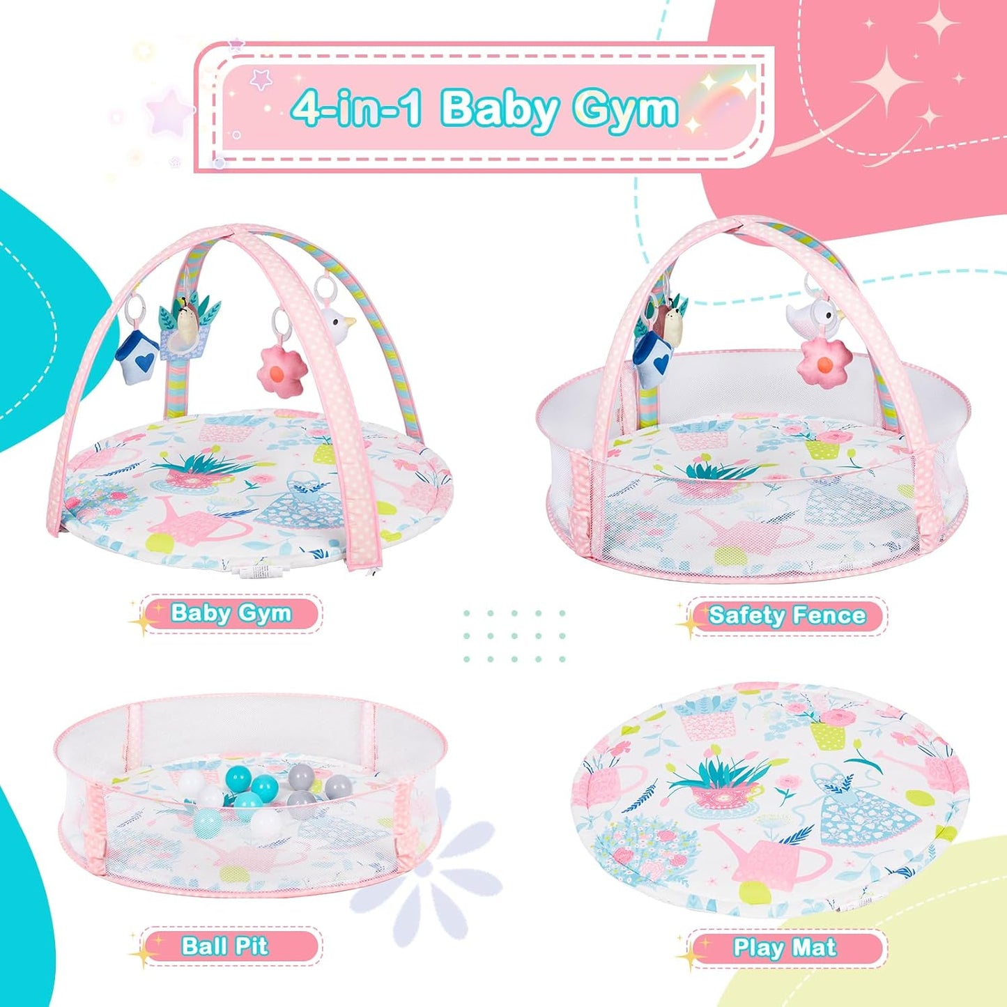 Baby Play Mat, 4-in-1 Baby Play Gym Tummy Time Mat with Ball Pit and 5 Detachable Toys for Newborn to Develop Sensory Exploration and Motor Skill 0-6-12 Months